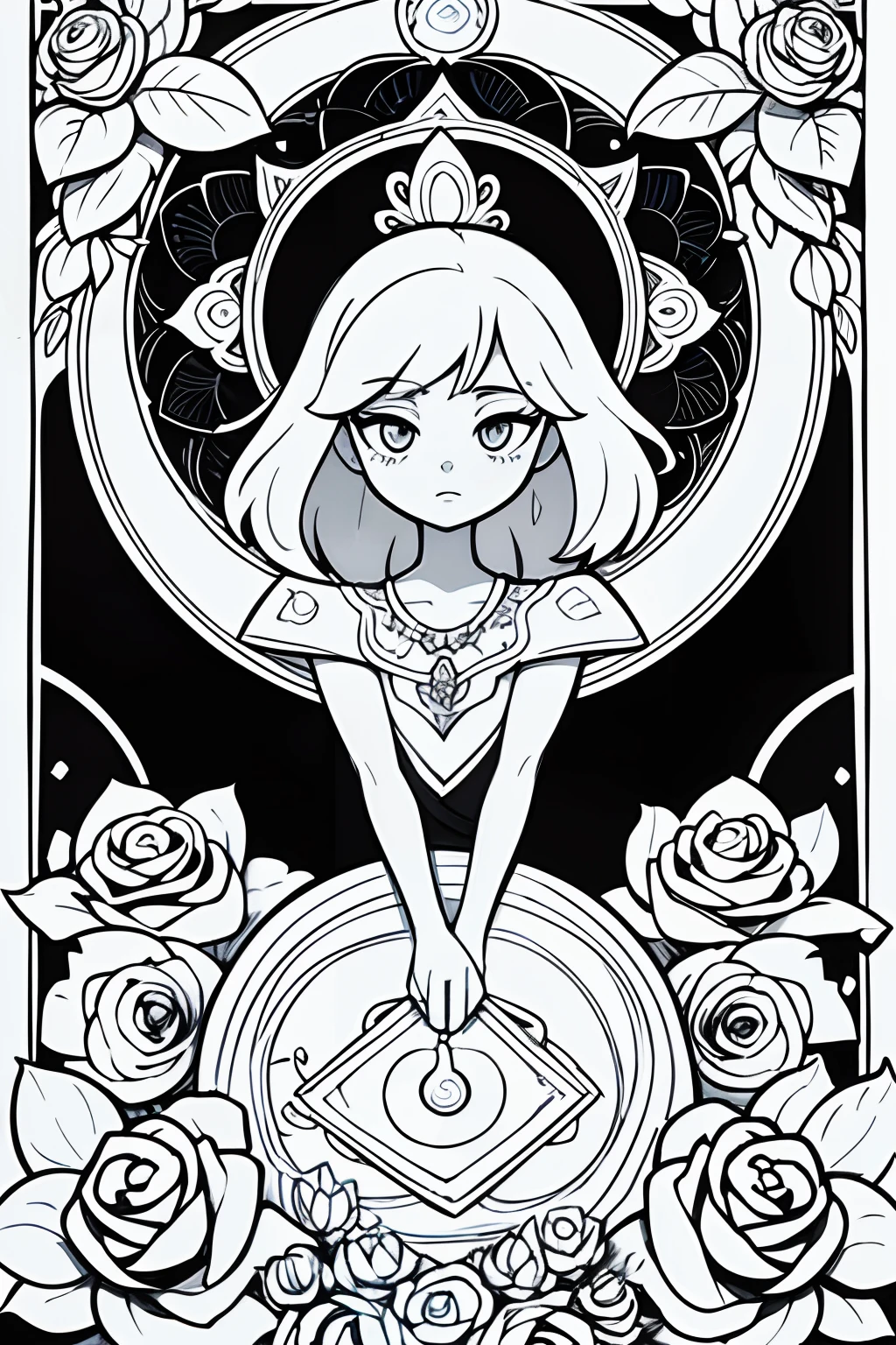 Adult coloring pages, mandalas, clean line drawings, No background,Expressed only with black line art,More white,One Flower,Tarot card style,Surrounding roses