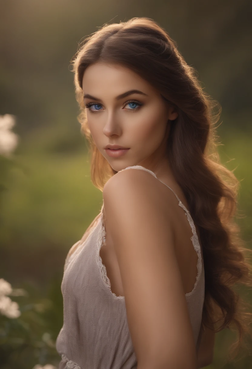 arafed woman fully , sexy girl with blue eyes, ultra realistic, meticulously detailed, portrait sophie mudd, brown hair and large eyes, selfie of a young woman, violet myers, without makeup, natural makeup, looking directly at the camera, face with artgram, subtle makeup, stunning full body shot standing next to a river, medium to large size bust