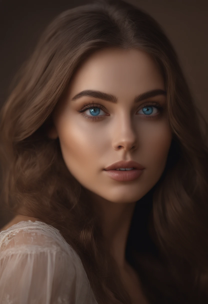 arafed woman fully , sexy girl with blue eyes, ultra realistic, meticulously detailed, portrait sophie mudd, brown hair and large eyes, selfie of a young woman, violet myers, without makeup, natural makeup, looking directly at the camera, face with artgram, subtle makeup, stunning full body shot standing next to a river, medium to large size bust