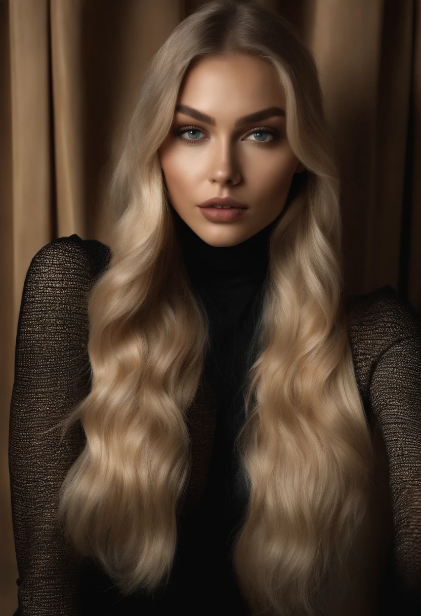 femme blonde en costume noire aux yeux bleus, Portrait Sophie Mudd, Portrait de Corinna Kopf, cheveux blonds et grands yeux, selfie of a young woman, ohne Maquillage, maquillage naturel, Look directly into the camera, Visage avec Artgram, dezentes Maquillage, Superbe photo du corps entier, dans la chambre, gros seins, Blonde, Latin