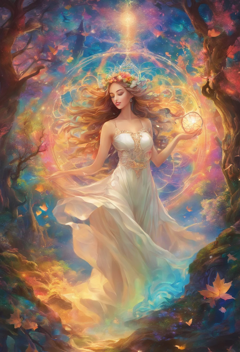 Elven girl casting a mysterious glowing spell、Forest Elves、short-hair、Wind Spirit、 Fantasy Rainbow Forest, Vibrant colors, Ethereal lighting, Detailed leaves, Magical atmosphere, Mesmerizing views, dreamy ambiance, Sparkling brilliance, flowing robe, Little magic, Ethereal creatures, Enchanted Tree, sparkling streams, Radiant energy, mystic symbols, Surreal Beauty, Otherworldly scenery, Swirling mist, Enchantment in the air, captivating moment, seductive sight, Ethereal essence, magic spells, Mystical aura, Bewitching charm, Enchanting onlookers, Transcendental experience, magic vortex, Hidden secrets, Capricious creatures, Vibrant enchantment, enchanting atmosphere, Ethereal melodies, radiant light rays, Otherworldly colors, Captivating movement, Joyful celebration in nature, Enchanting nymph, super powers, Pulsating energy, Enchanting spells, Fantastic Realm, Transcendental experience