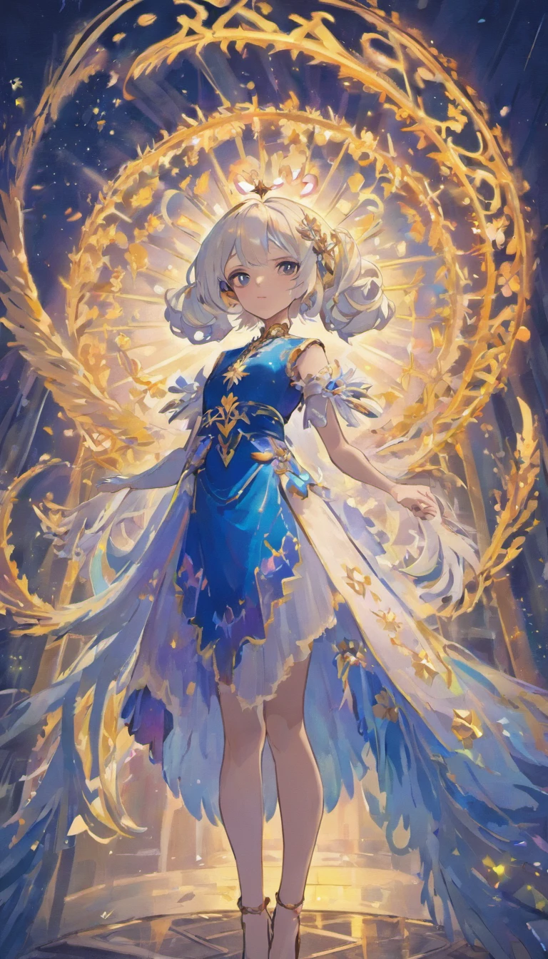 the night,Dark blue sky,White floral dress,Dignified,slim,standing on your feet,legs crossed, cabelos preto e longos, long hair and waist, Beautiful age girl, oh, god, Divinity, White headgear,Stand in the attic,Hairline,oblique bangs, shairband, hair adornments, forehead gem, Paulai Gem Branch, crescent-shaped hair ornament, Fish hair ornament, godrays, glitters, cinmatic lighting, lens glare, nffsw, high detal, high quarity, hight resolution, best qualtiy, 8K, 16 K, high detal, high quarity, super detailing, anatomy correct, tmasterpiece,((Full body)), ((From below))