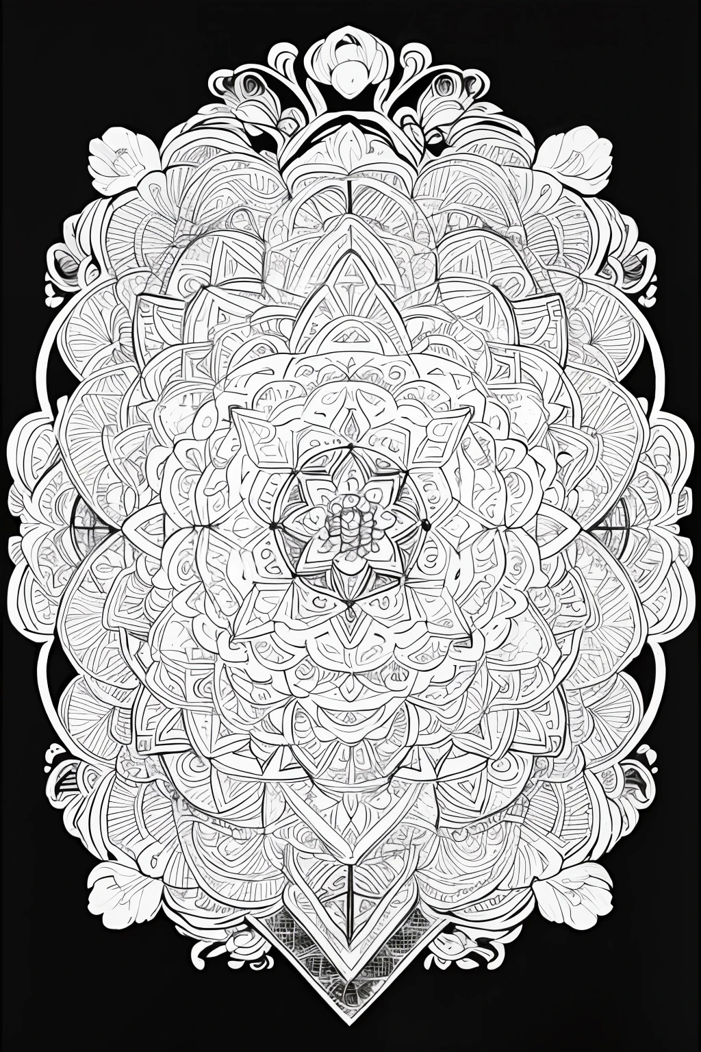 Adult coloring pages, mandalas, clean line drawings, No background,Expressed only with black line art,More white,One Flower,Tarot card style,Surrounding roses