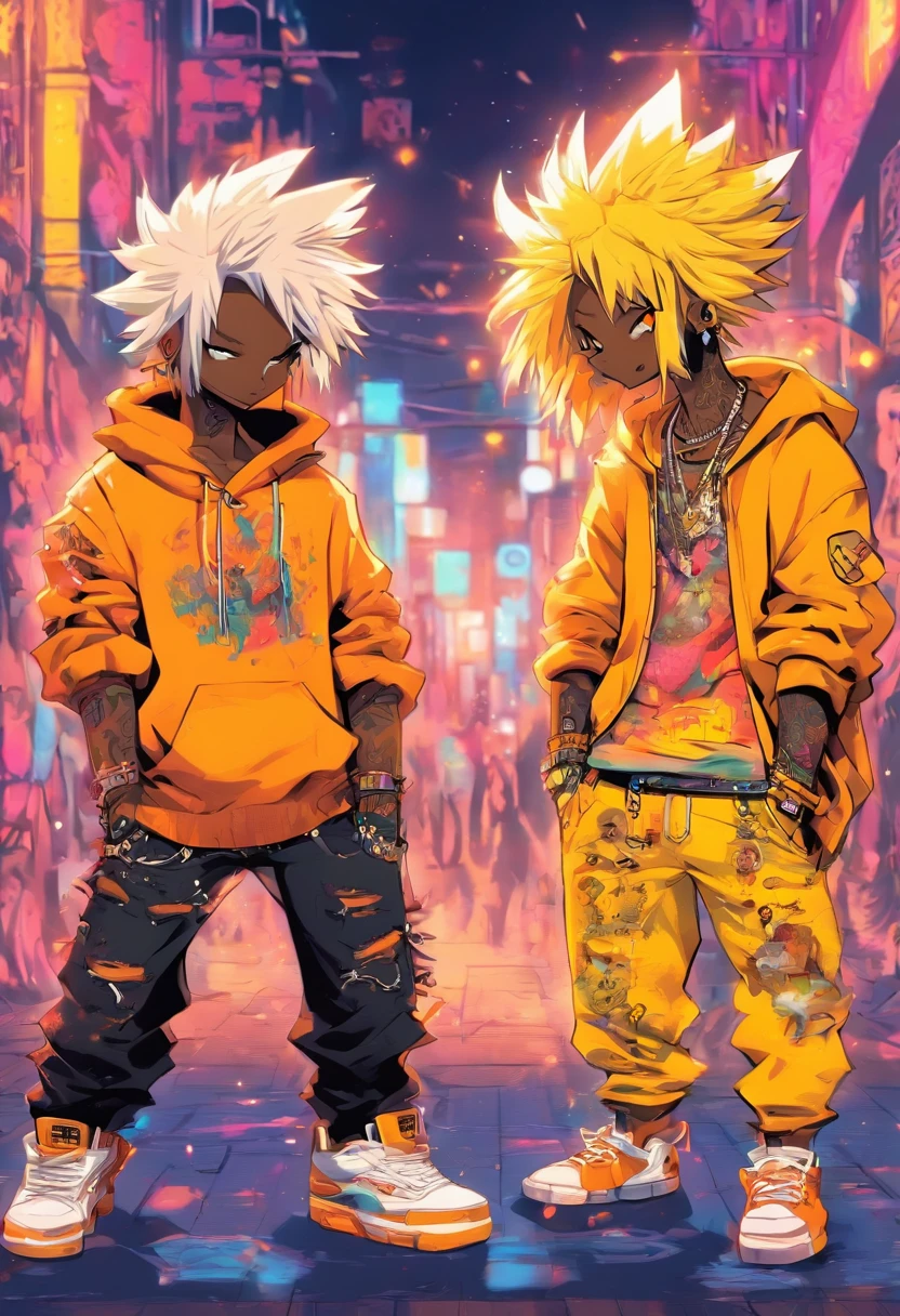Two cool and trendy dogs talking to each other, White hair, Yellow eyes, Wear trendy hip-hop clothes, Wearing a hoodie, Graphic T-shirt and ripped jeans, Lots of tattoos and piercings, Doodle style background, Highly detailed background, perfect masterpiece, High quality, High resolution