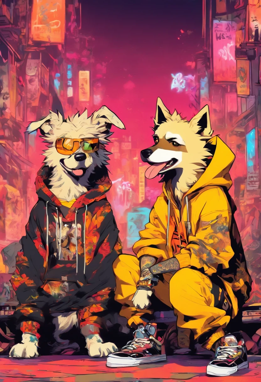 Two cool and trendy dogs talking to each other, White hair, Yellow eyes, Wear trendy hip-hop clothes, Wearing a hoodie, Graphic T-shirt and ripped jeans, Lots of tattoos and piercings, Doodle style background, Highly detailed background, perfect masterpiece, High quality, High resolution