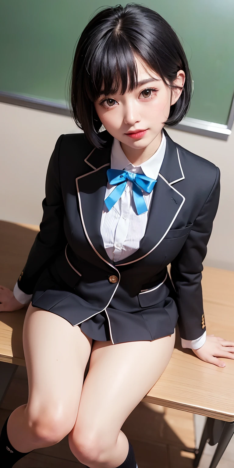 ((8k, RAW photos, top quality, masterpieces), high-definition RAW color photos professional close-up photos, (realistic, photorealism: 1.37), (highest quality), (best shadows), (best illustrations), collarbones ((big)), ((erotic, sexy, ultra high resolution, high-definition CG unified 8K wallpapers, physically based rendering, movie lighting), (aegyo sal:1), 18 year old girl, (grey blazer, ribbon, socks, high school uniform: 1.2), high school classroom, beautiful detail eyes, light on the face, ((full body shot: 1.2)), especially strong light, (upper eyes, grinning smile:1.2),shiny skin, (((black hair, bob hair:1.2))), ( thick thighs), ulzzang-6500-v1.1:0.2, shy, (flash:1.2), NSFW , (puffy), ((seductive posture: 1.2, attractive: 1.2)), (idle), (sitting at a desk in classroom: 1.2)), ((good anatomy: 1.2)), ((bright and refreshing classroom, background blurred: 1.2)), perfect face, cute face, (high angle shot:1.2)