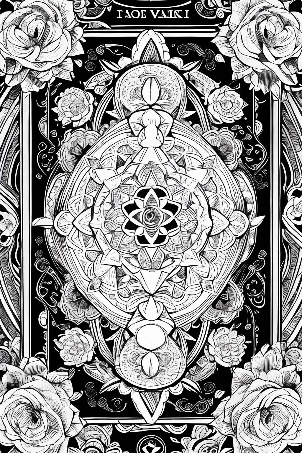 colouring page for adult, mandala, clean line art, no background,Expressed only in black line drawings,More white,one flower,tarot card-style,Roses around the perimeter