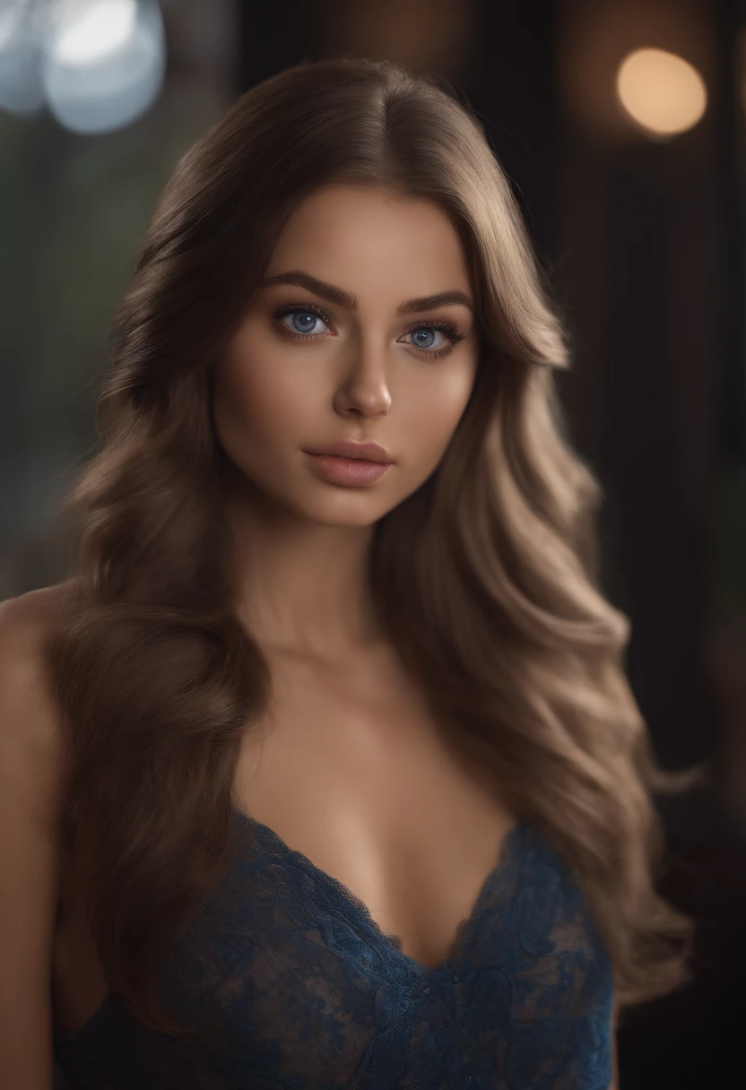arafed woman fully , sexy girl with blue eyes, ultra realistic, meticulously detailed, portrait sophie mudd, brown hair and large eyes, selfie of a young woman, violet myers, without makeup, natural makeup, looking directly at the camera, face with artgram, subtle makeup, stunning full body shot standing, in a club, medium to large size bust