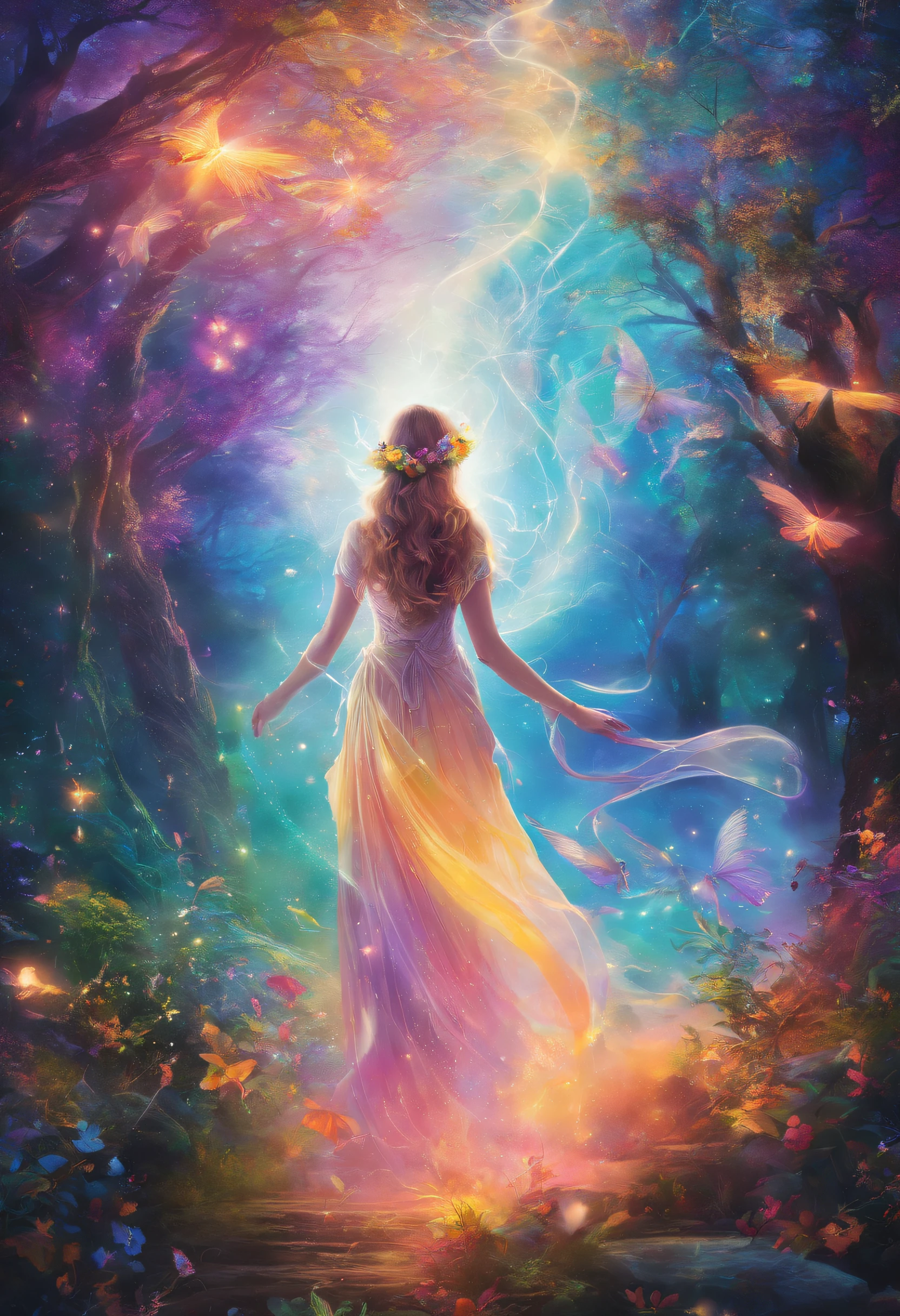 A woman in a long dress is walking through a forest with a light ...