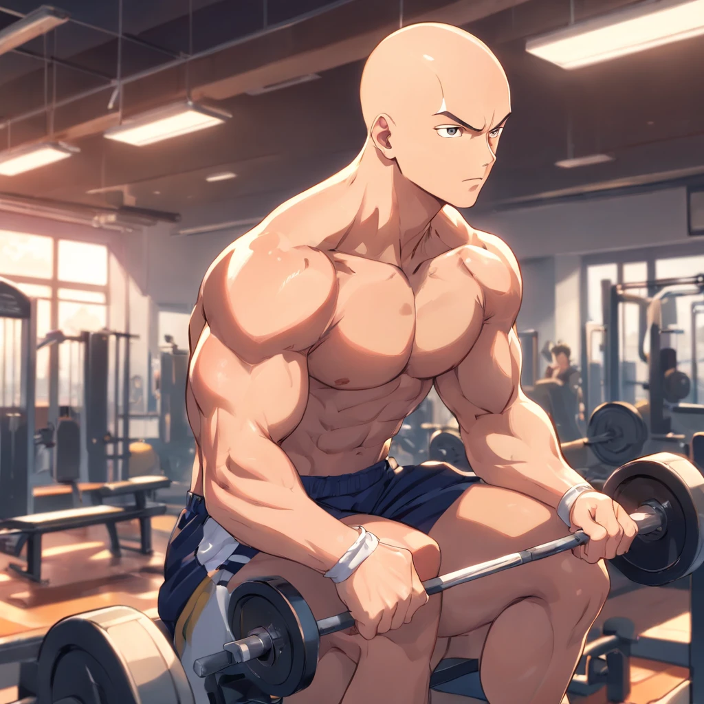 Saitama ((careca)), Um homem de soco, masculino, Working out intensely in a bodybuilding gym, Well-defined and detailed muscles,