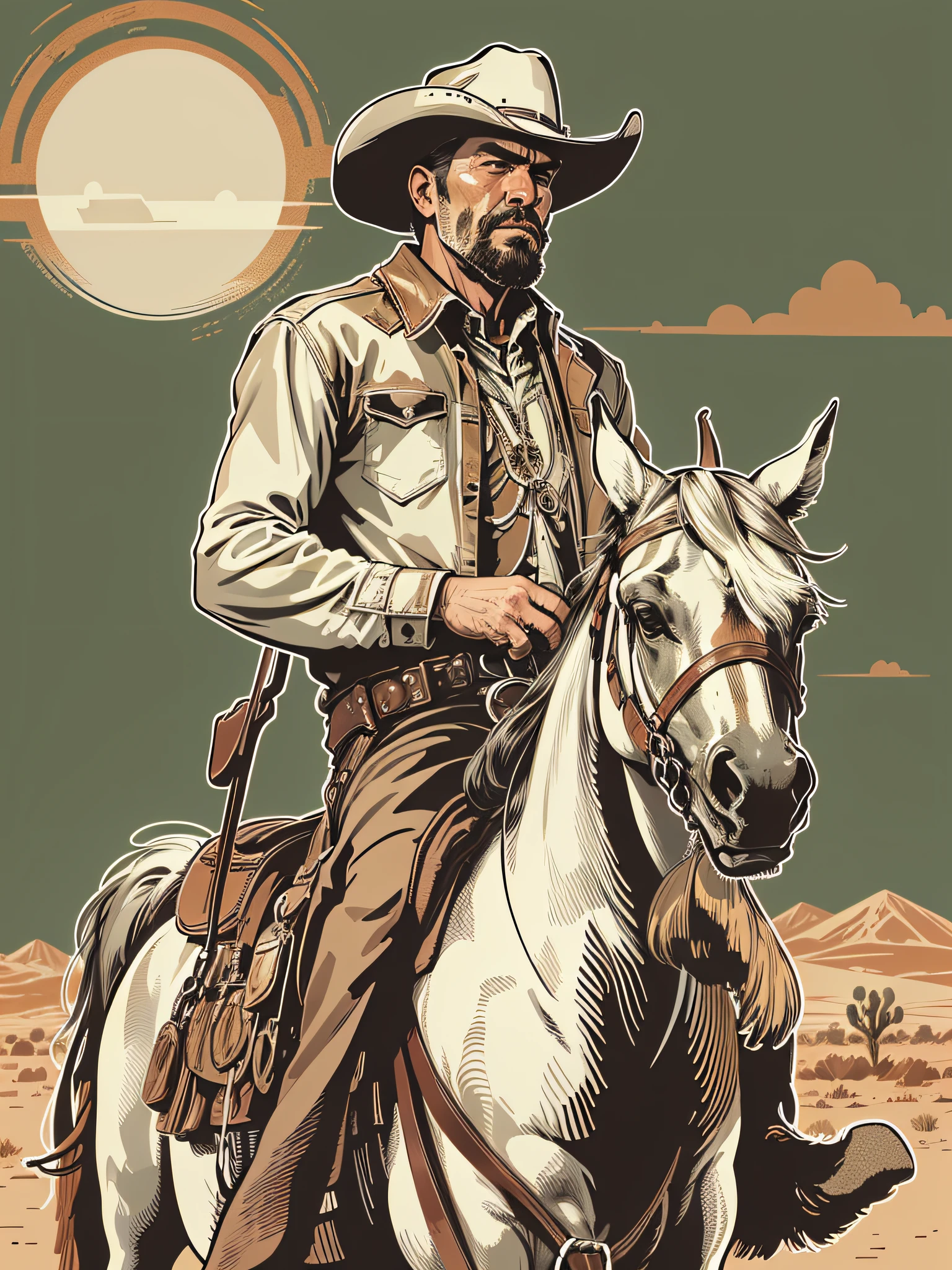 High quality design vector style image, t-shirt print style, graphic art of cowboy on top of a horse white background realistic colors, american old west scene in desert texas, vector image.