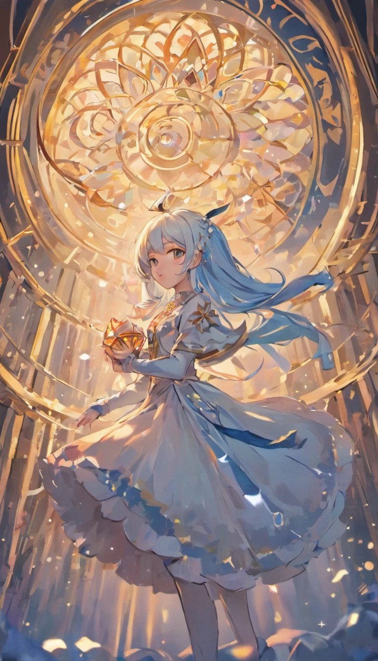 masterpiece, best quality, extremely detailed CG unity 8k wallpaper,kirigami,vibrant nebula sky,(upper body),1girl,blue eyes, gold hair,gradient hair,hair between eyes,ahoge,cat ears, drill hair,Age:16,looking back,sailor dress,white thighhighs,mary janes,Star headdress