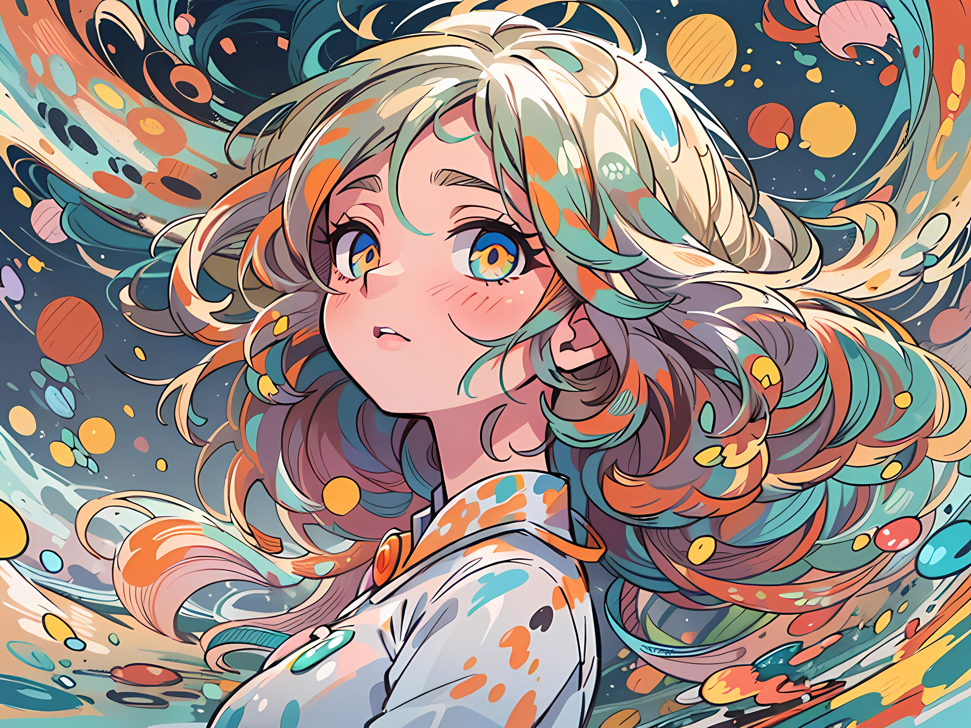 (((Masterpiece))),(((Best quality))),((Ultra-detailed)),(illustration),(Dynamic Angle), ((Floating)),(Paint),((Disheveled hair)), (Solo),(1girll), ((big_Breasts)), (((Detailed anima face))),((Beautiful detailed face)),Collar,Bare shoulders,  random hair, ((Colorful hair)),((Striped hair)), Beautiful detailed eyes,(Gradient color eyes),(((Colorful eyes))), (((Colorful background))),(((High saturation))),(((Surrounded by colorful splashes))),(((surrounded by colorful dot))),colorful bubble,((Shining))