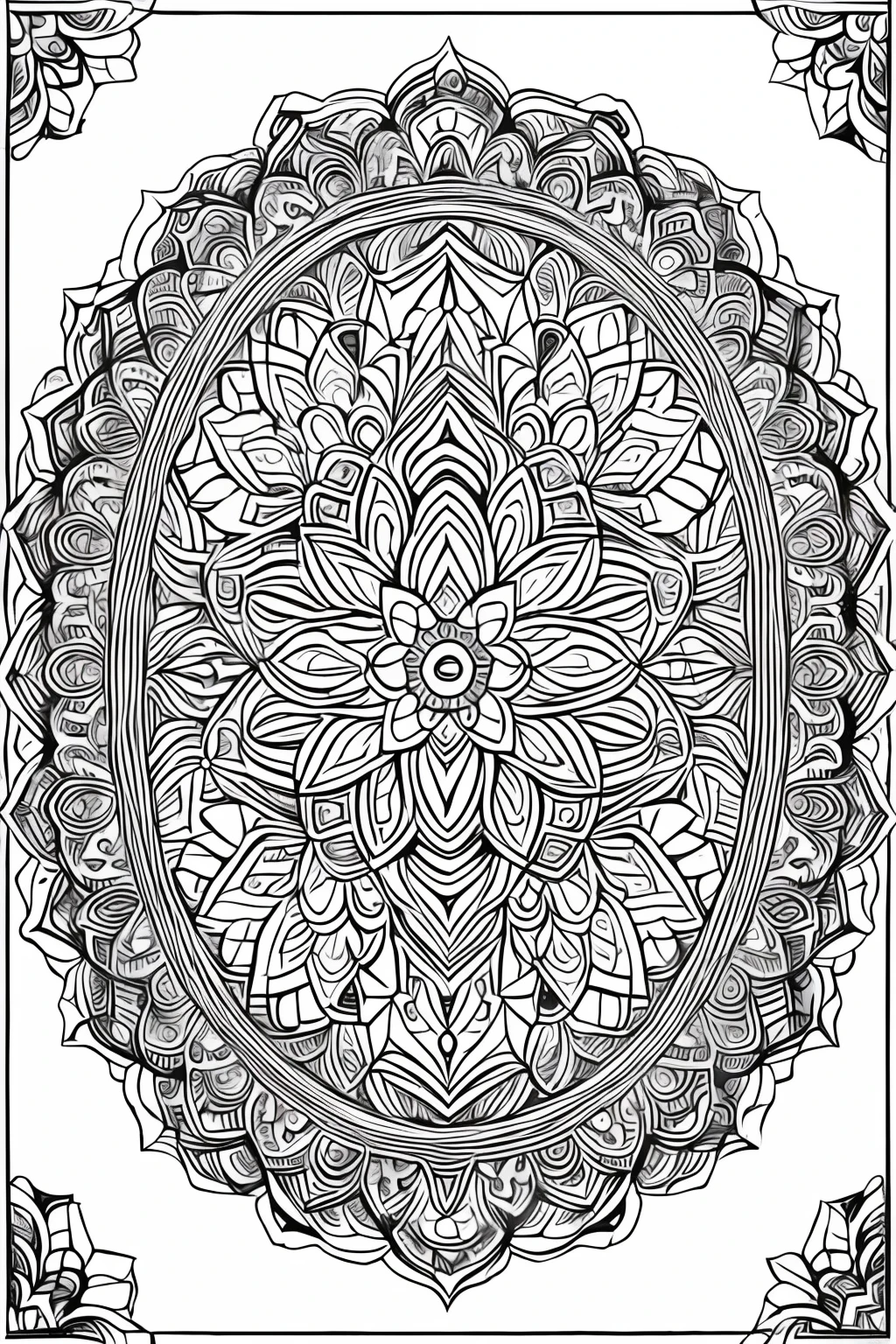 colouring page for adult, mandala, clean line art, no background,Expressed only in black line drawings,More white,one flower,tarot card-style,Roses around the perimeter