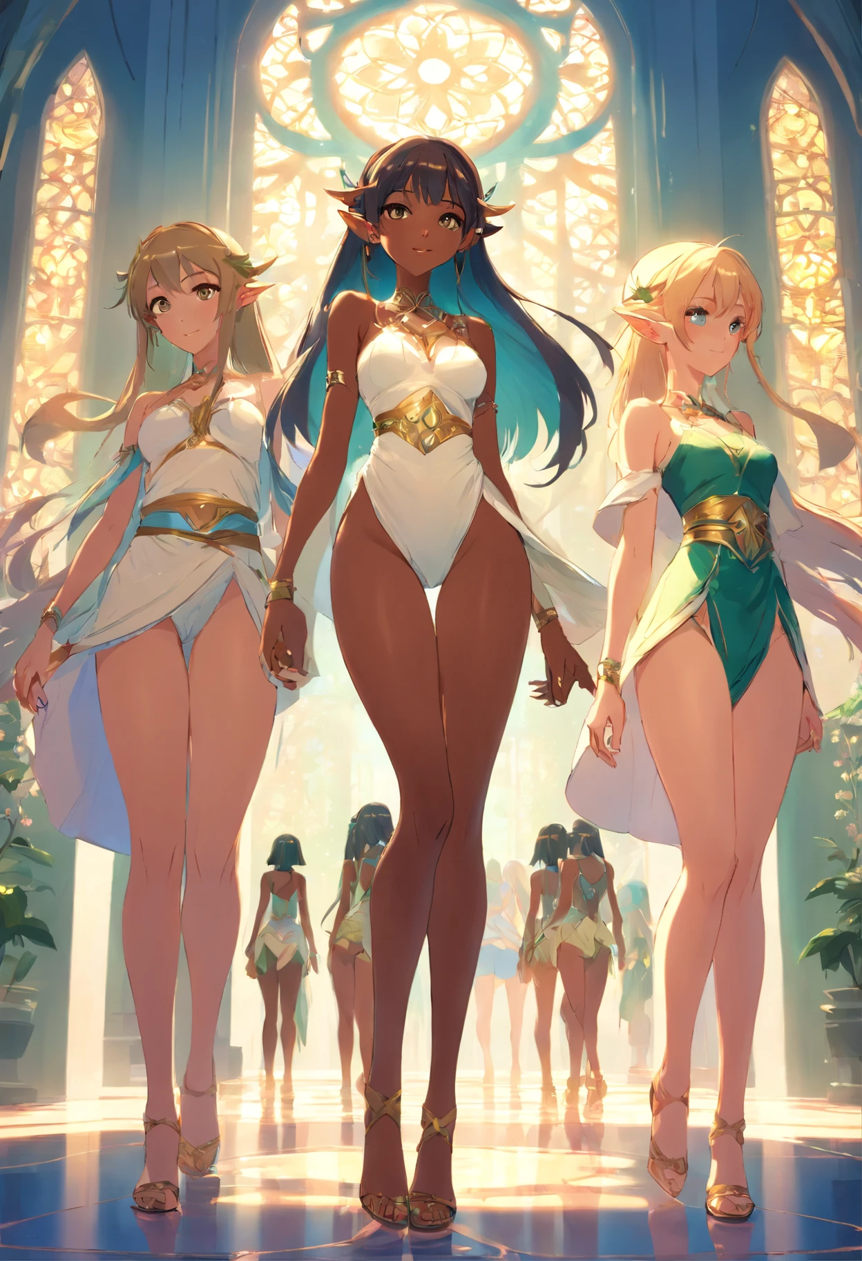 "Harem of charming elven girl with seductive women, showing elegant long legs proportionally, Irresistibly beautiful dark skin, and seductively curved figures."