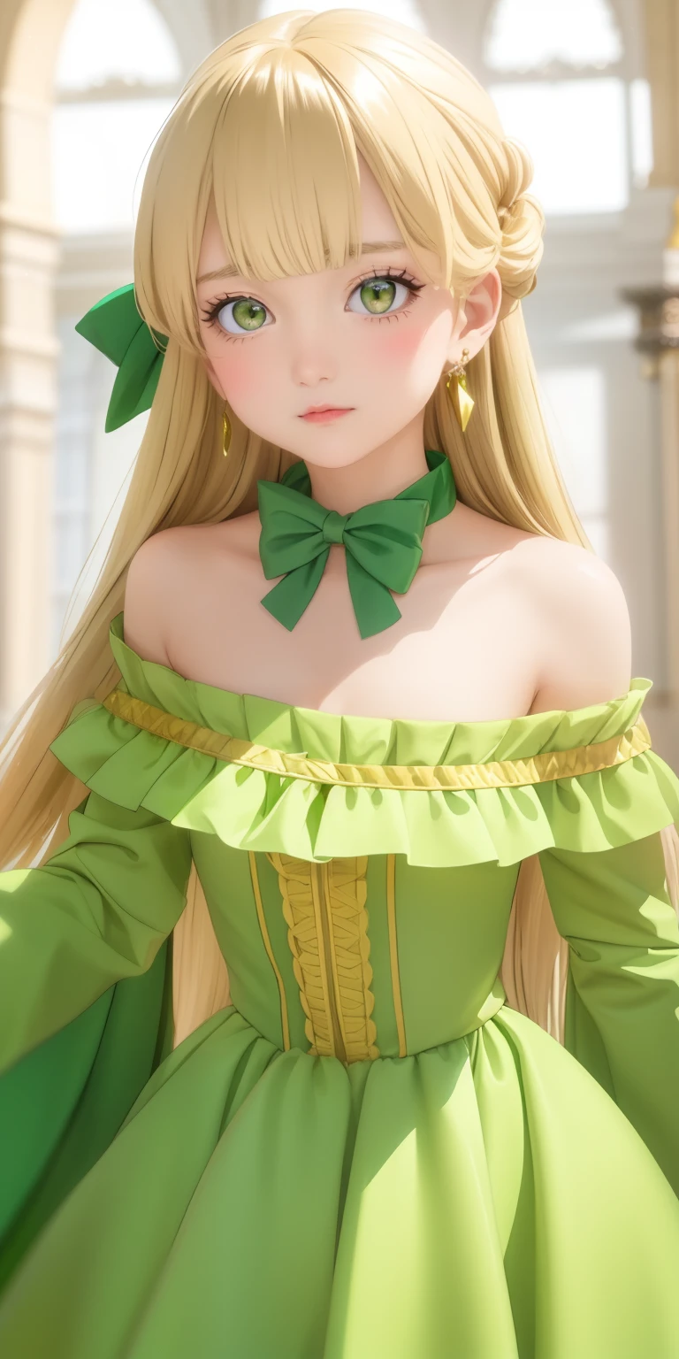 teles, (masterpiece), best quality,  earrings, jewelry, blonde hair, long hair, green eyes, 1girl, looking at viewer, closed mouth, bow, solo, bare shoulders, bangs, yellow bow, green dress, upper body, petite, blush, pout, closed mouth, portrait