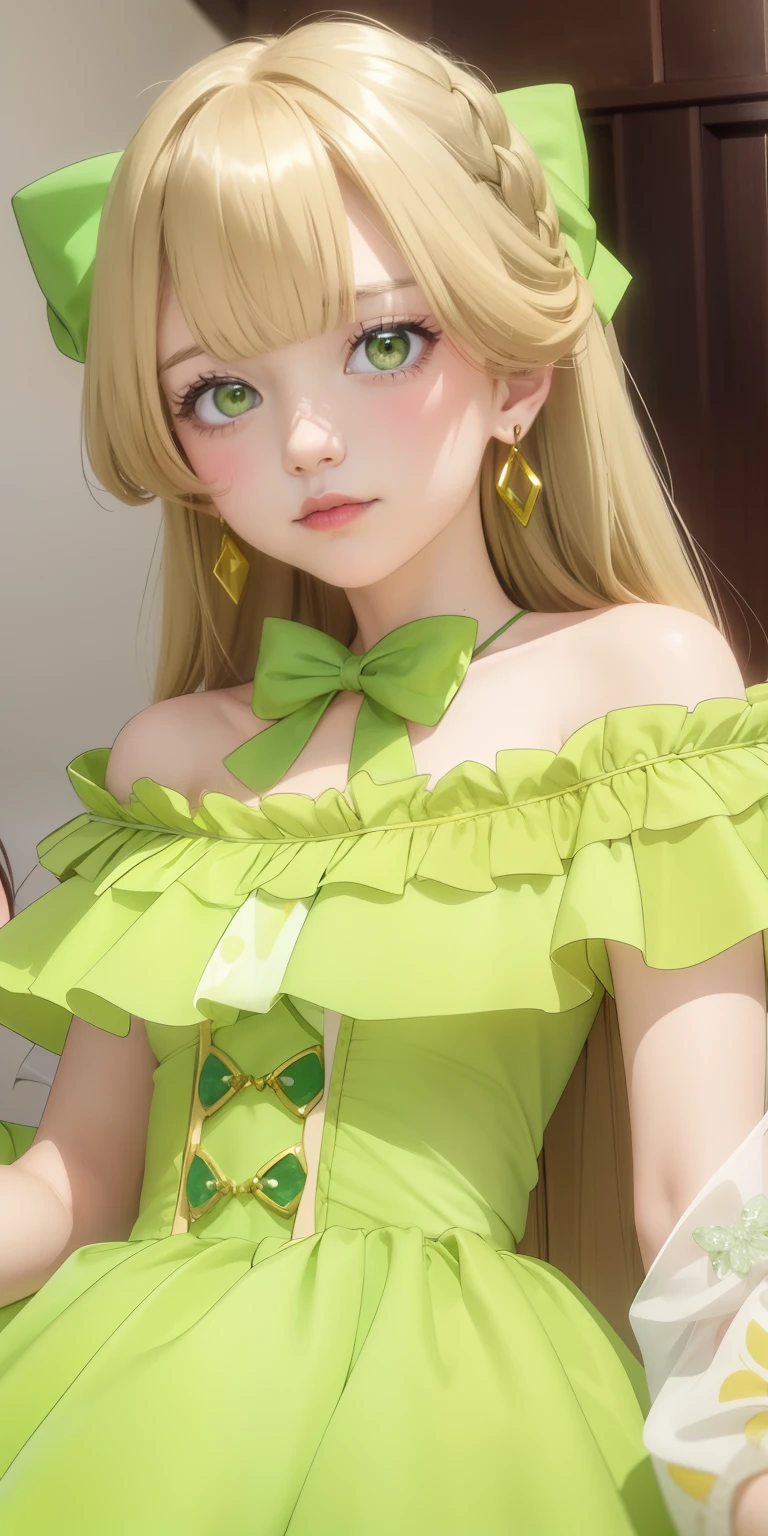 teles, (masterpiece), best quality,  earrings, jewelry, blonde hair, long hair, green eyes, 1girl, looking at viewer, closed mouth, bow, solo, bare shoulders, bangs, yellow bow, green dress, upper body, petite, blush, pout, closed mouth, portrait