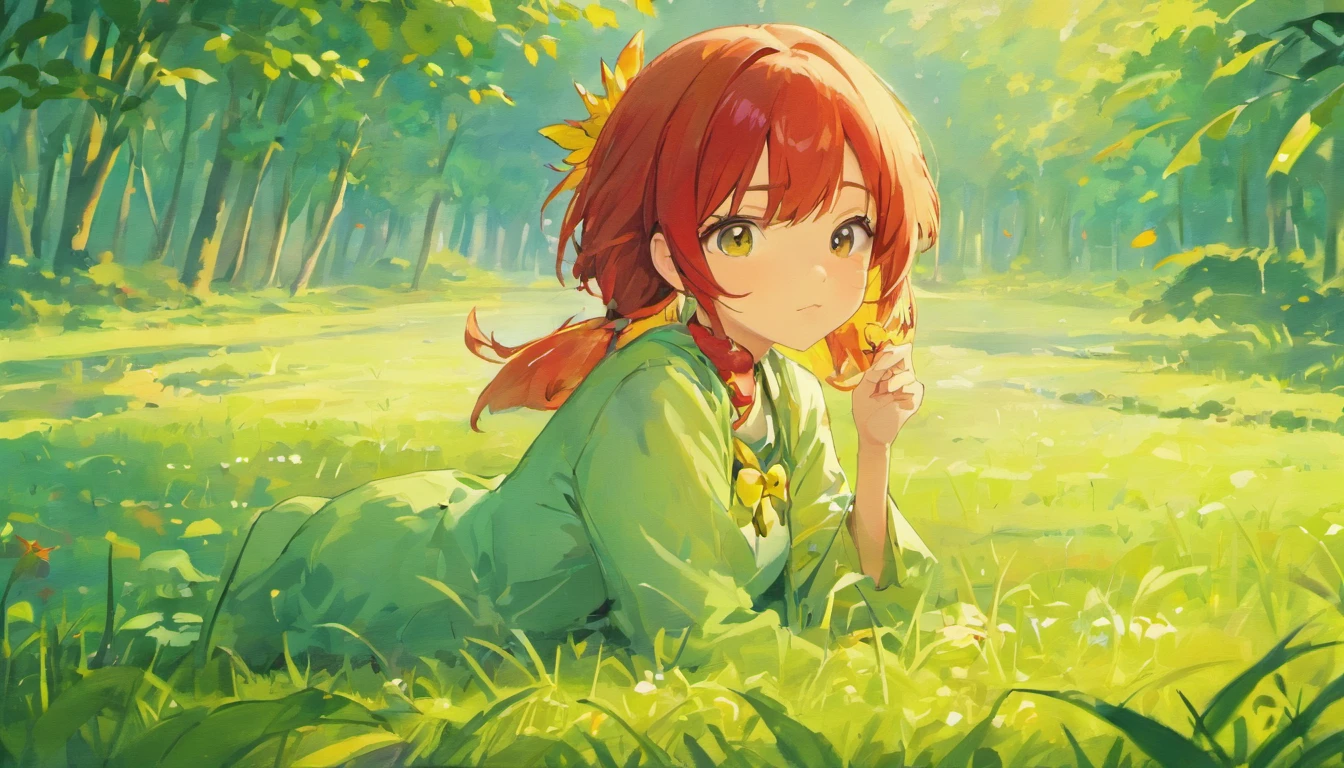 Early morning field，A gentle breeze，Several roosters sang the morning song，((red roosters)), Sunlight shines through the clouds on the earth，Little birds sing happily in the trees，The mother duck in the pond takes the ducklings to swim in the water，A dog on the side of the road lies leisurely。