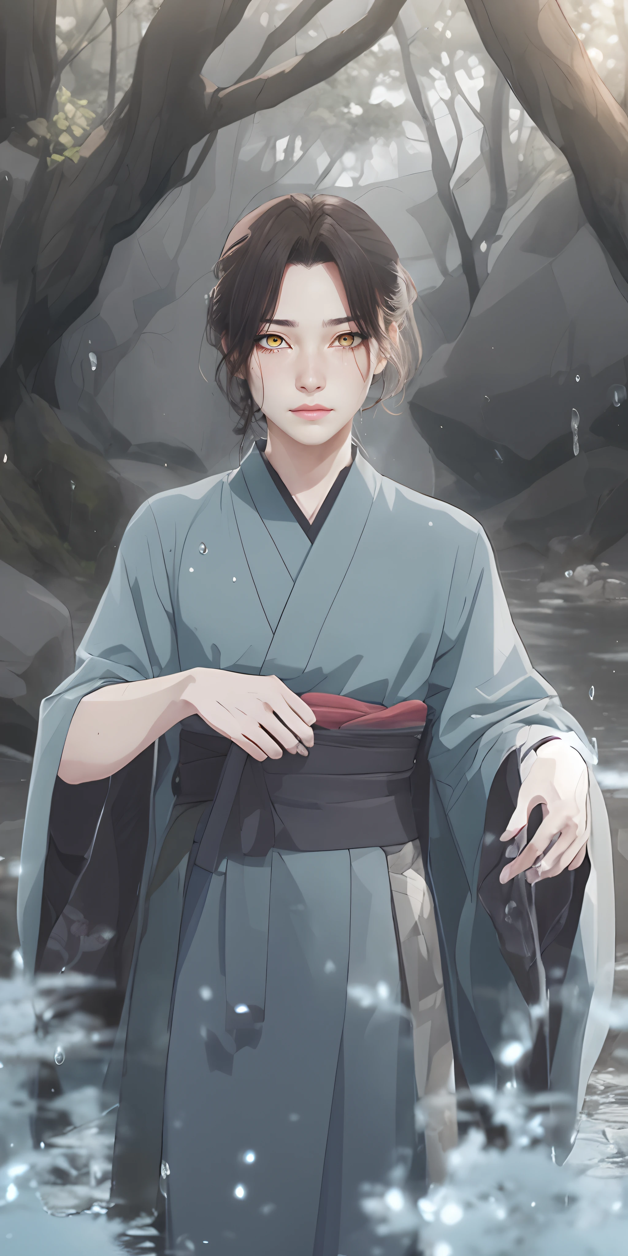 long hair, japanese_clothes, solo, nature, 1boy, bangs, outdoors, standing, forest, looking_at_viewer, water, blurry, male_focus, tree, wide_sleeves, hakama, blurry_foreground, water_drop, kimono, rock, long_sleeves, depth_of_field, black_hair,