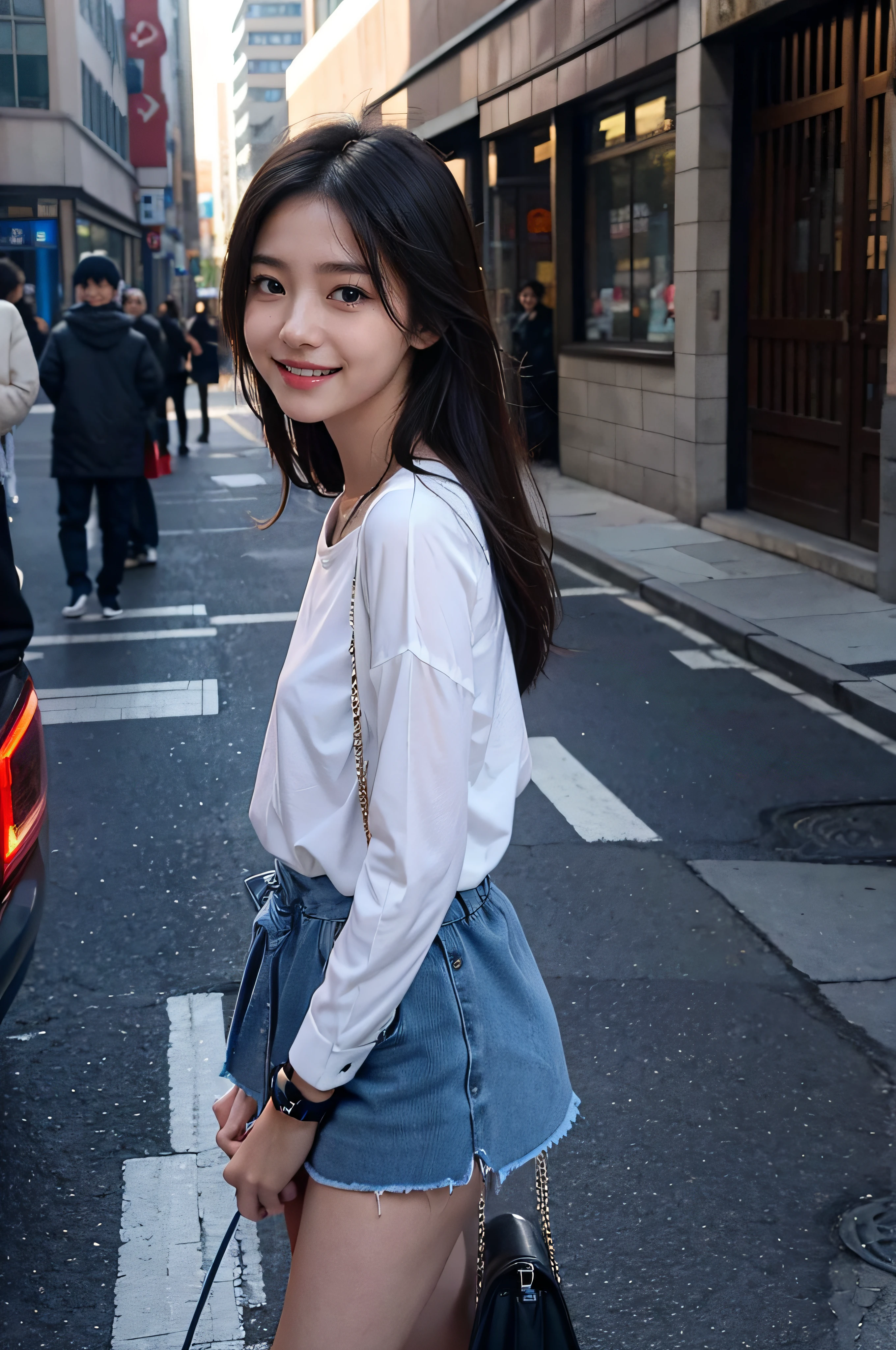 1girl in, Cute, 年轻, skinny, a smile、(3N1DS1NCL41R:0.9), photos realistic, Extreme Detail, street pic, {Best Quality}, {{masutepiece}}, {hight resolution}