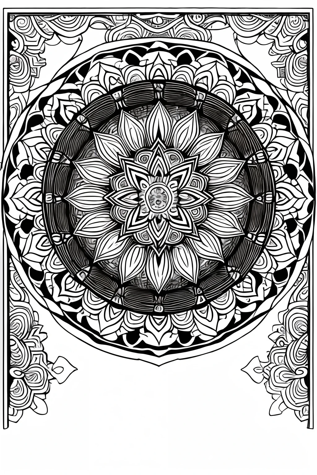 colouring page for adult, mandala, clean line art, no background,Expressed only in black line drawings,More white,one flower,tarot card-style