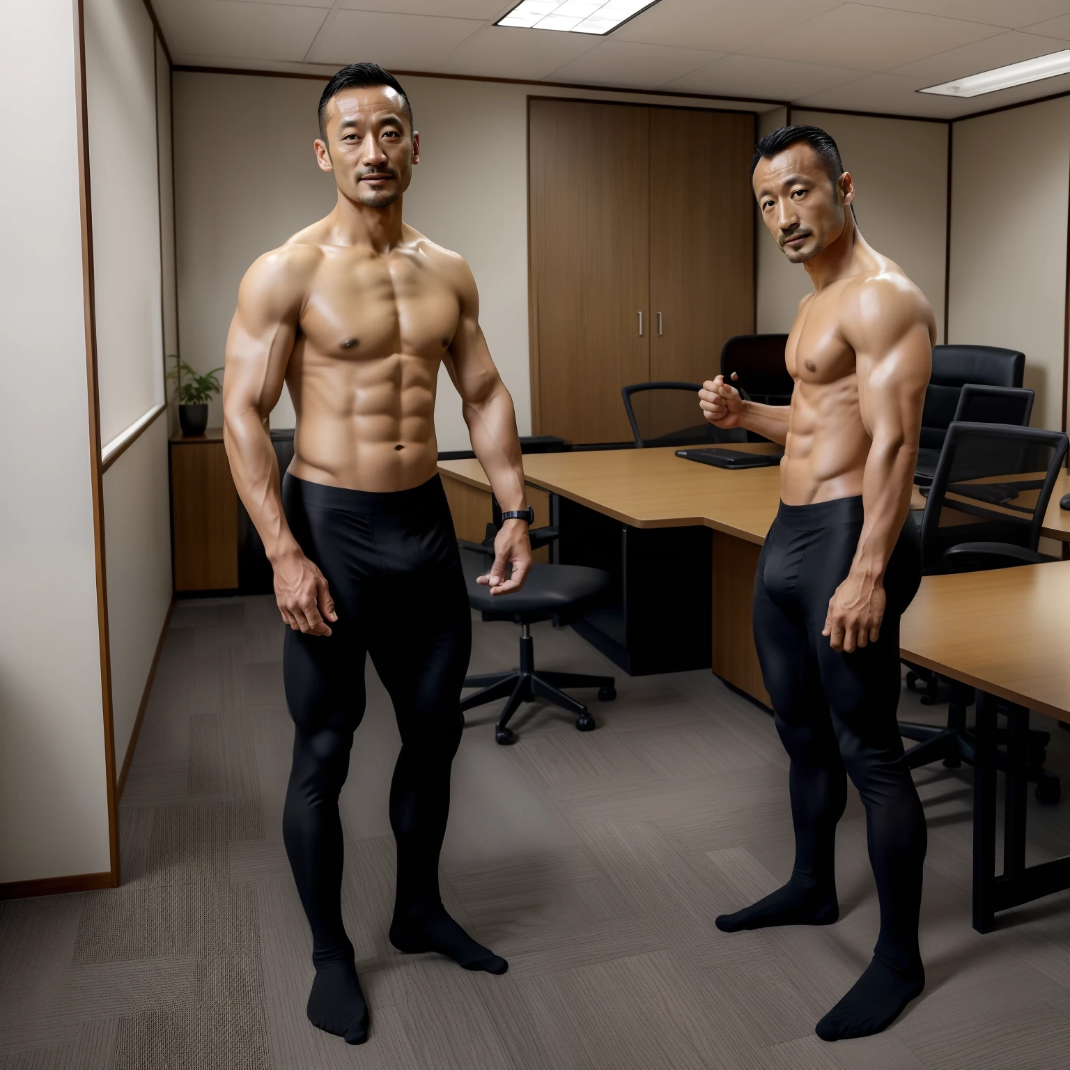 aged 40,Hidetoshi Nakata ,(Kogoro Mouri 1.3),office room,black long socks,the feet,Foot pedaling,little beard,Two muscular men standing,Shirtless,long leges,Sexy leggings,