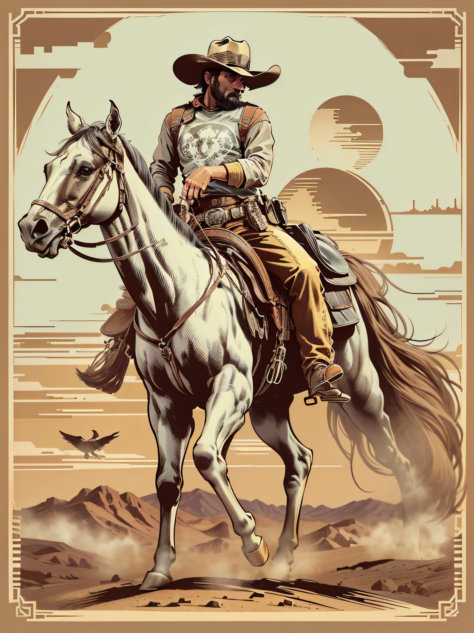 High quality design vector style image, t-shirt print style, graphic art of cowboy on top of a horse white background realistic colors, american old west scene in desert texas, vector image.