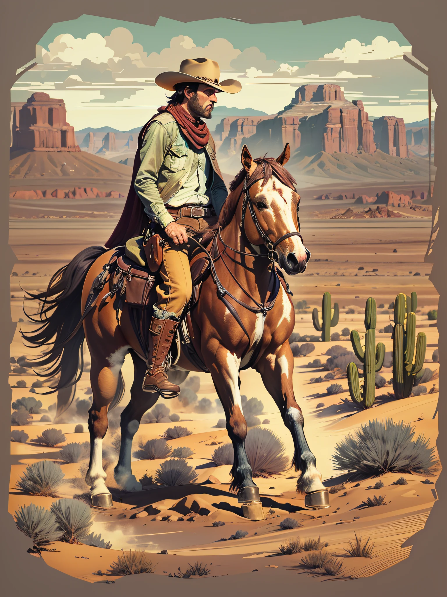 High quality design vector style image, t-shirt print style, graphic art of cowboy on top of a horse white background realistic colors, american old west scene in desert texas, vector image.