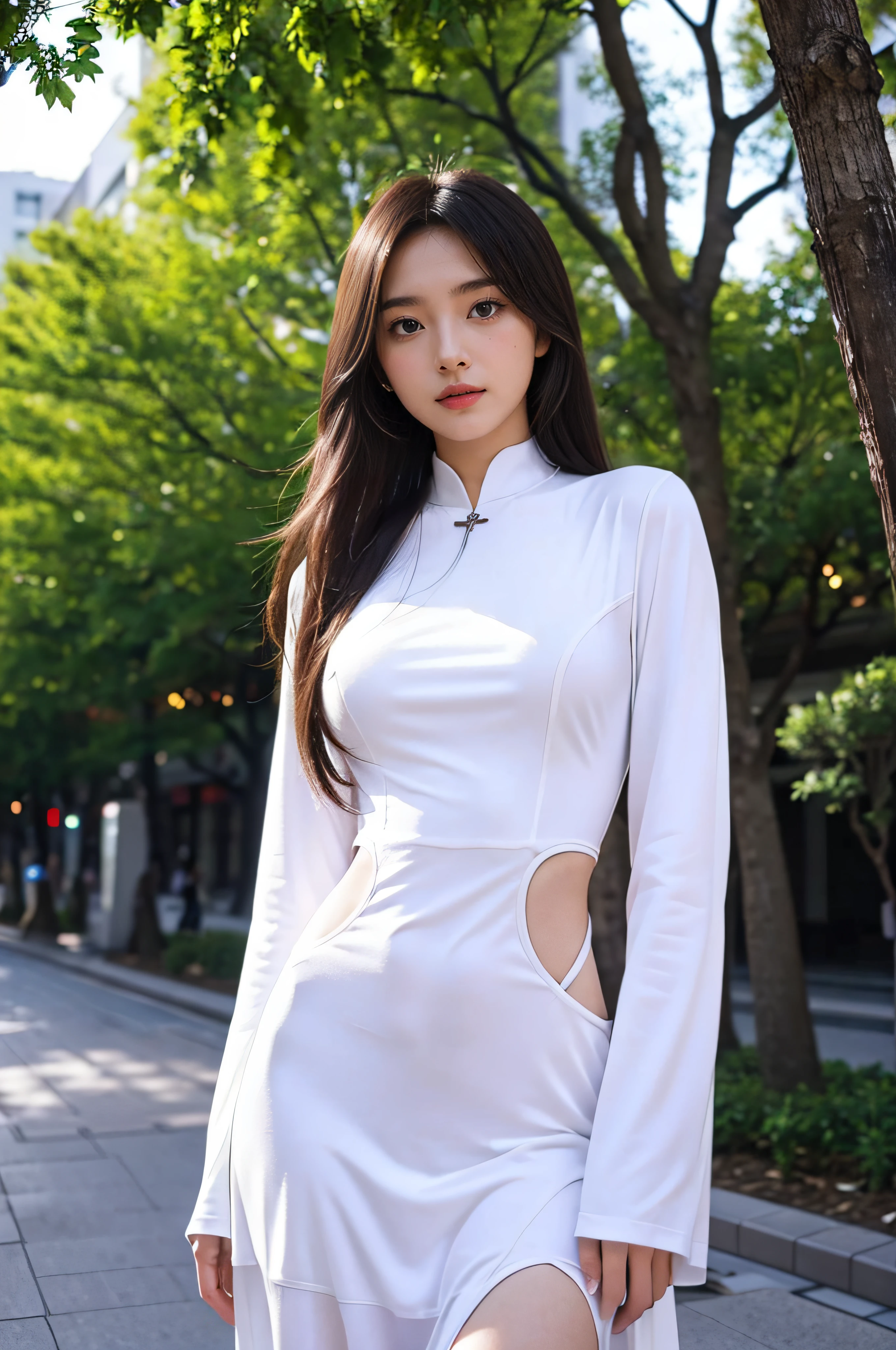 (((Backwards:2.0, Face your buttocks towards the camera:2.0, Accentuate your butt:2.0))), (((Clothing:2.0, panties under Maxi-length Ao Dai:2.0, sneakers:1.8, Maxi-length Ao Dai:2.0))), ((Streetscape:1.5)), 1 Girl, solo, ((Short Hair:1.2, A grin:1.2)), 18-year-old, 7 heads, Ideal body proportions, Black Hair, With bangs, Small breasts, slender, Small Ass, Beautiful feet, Skinny Legs, Surrealism, Cinematic Lighting, Depth of written boundary, First Person View, F/1.8, 135mm, Ticker, Mastepiece, Curate, ((Anatomically correct:1.3)), Textured skin, Super Detail, High detail, High quality, Awards, Best Quality, High resolution, 8K