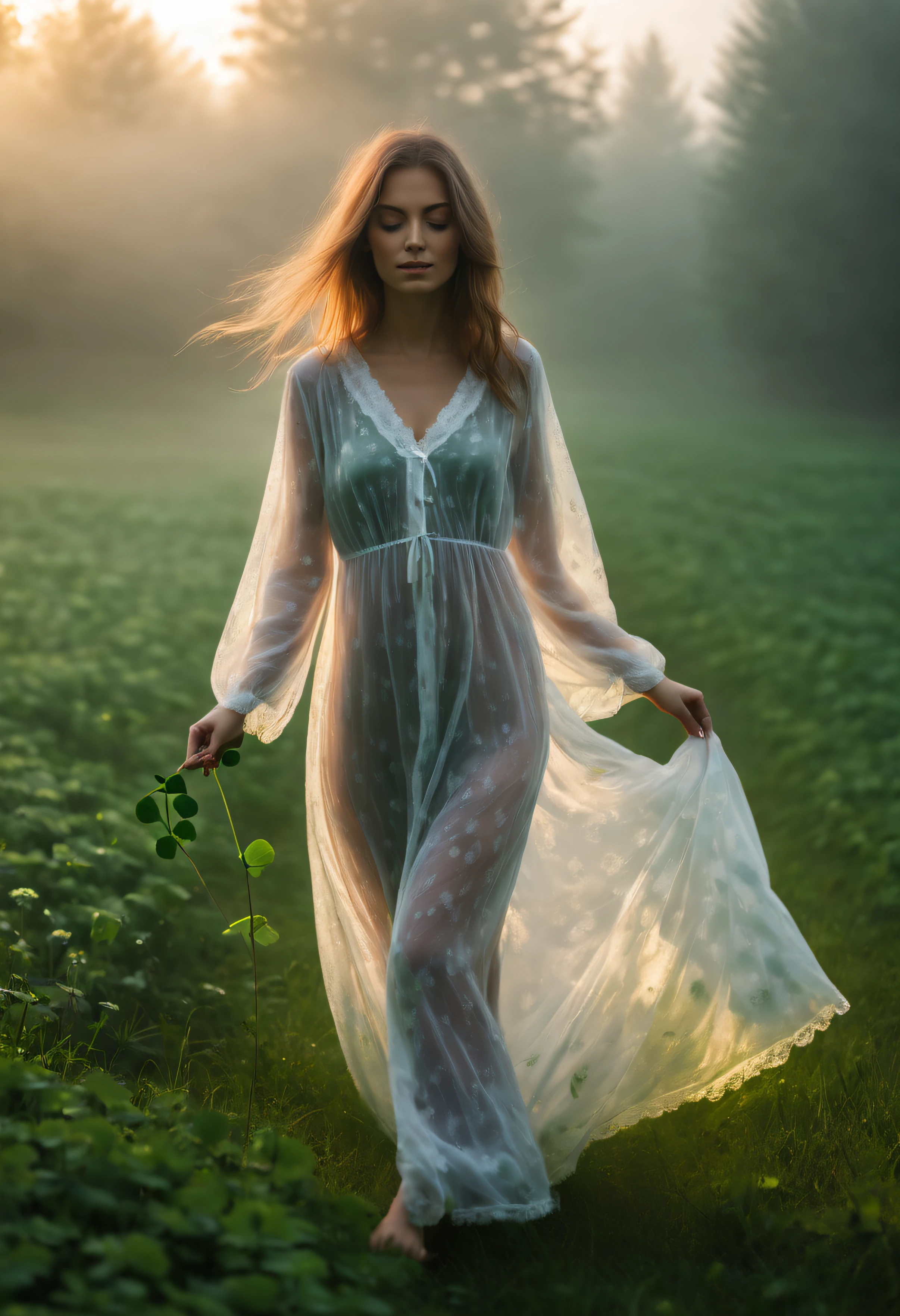 beautiful woman in a nightgown in the morning in the fog and sunlight walking on the grass and a four-leaf clover