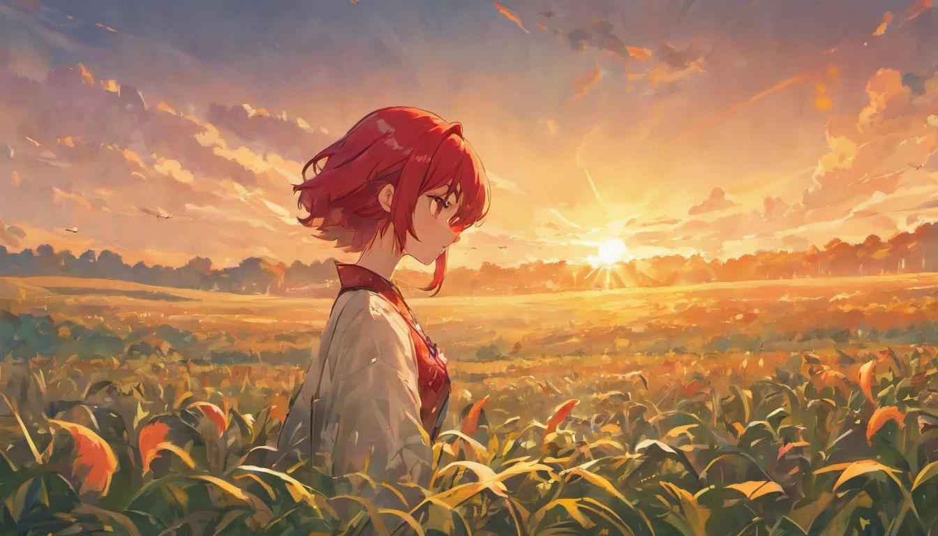 Red feather gentle chicken, Several roosters sang the morning song,((red roosters)), Sunlight shines through the clouds on the earth,Little birds sing happily in the trees, early morning field