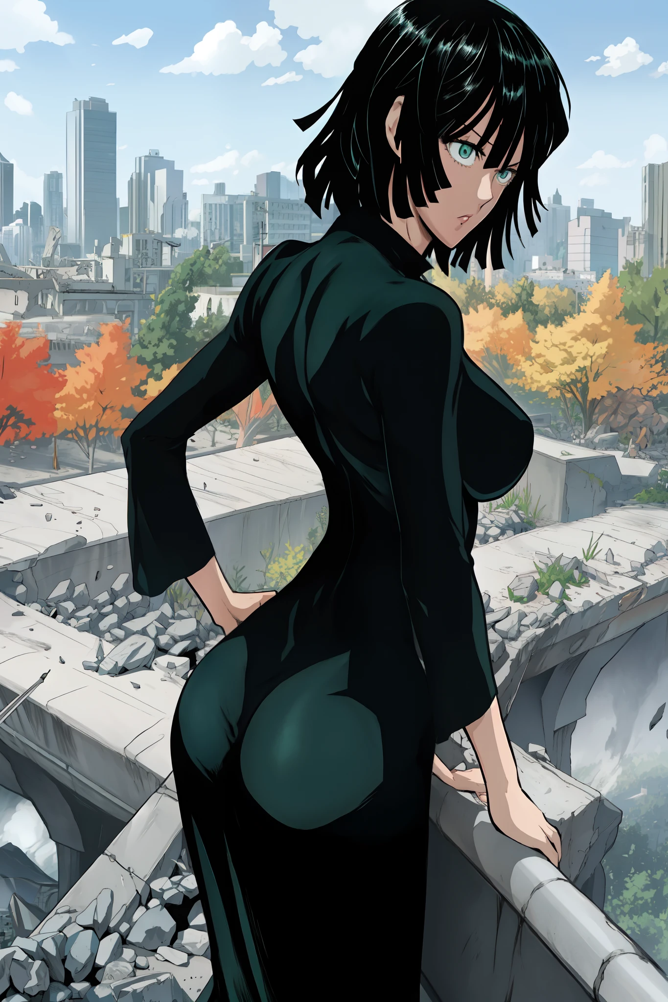 yuusuke murata art style,Fubuki from one punch man, green hair, wearing V-neck dress, standing on destroyed city, colourful, blushing cheeks, big breast, big booty, back view.