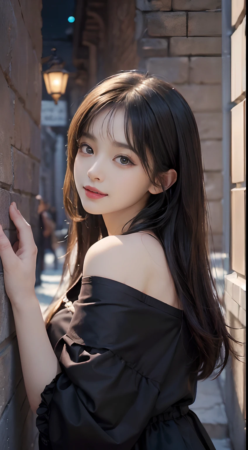 (A hyper-realistic)、(illustratio)、(hight resolution)、(8K)、(ighly detailed)、(Best Illustration)、(beautifully detailed eyes)、(top-quality)、(ultra-detailliert)、(masterpiece)、(wall-paper)、(A detailed face)、独奏、1 girl in、looking at viewert、fine detailed、A detailed face、in the darkness nigth、deep-shadows、lowkey、pureerosfaceace_v1、A smile、long、Black shawl straight hair、46-point diagonal bangs, (silk dresses、long skirt)(off shoulders)View of the castle、、Stand against the wall
