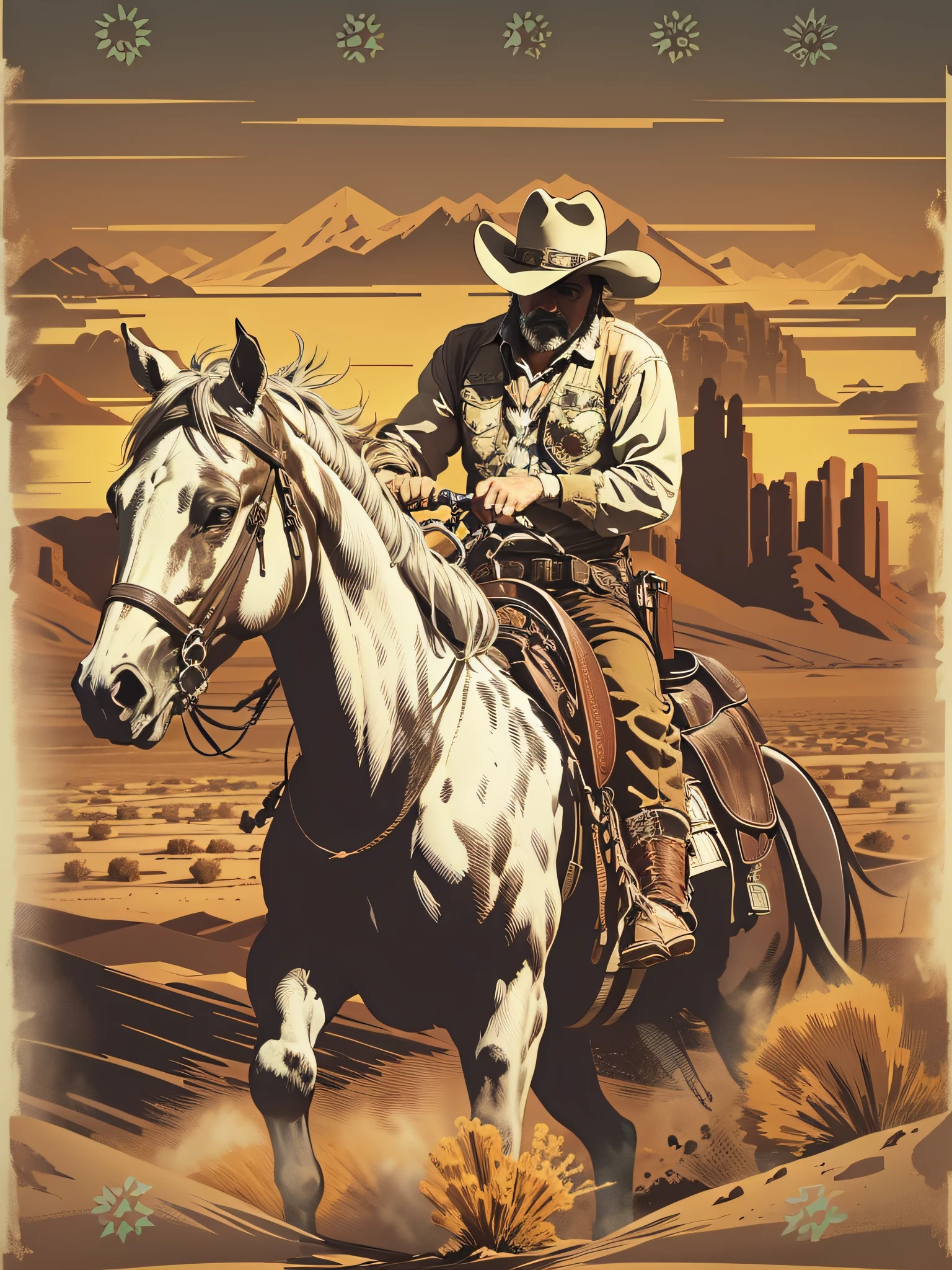High quality design vector style image, t-shirt print style, graphic art of cowboy on top of a horse white background realistic colors, american old west scene in desert texas, vector image.