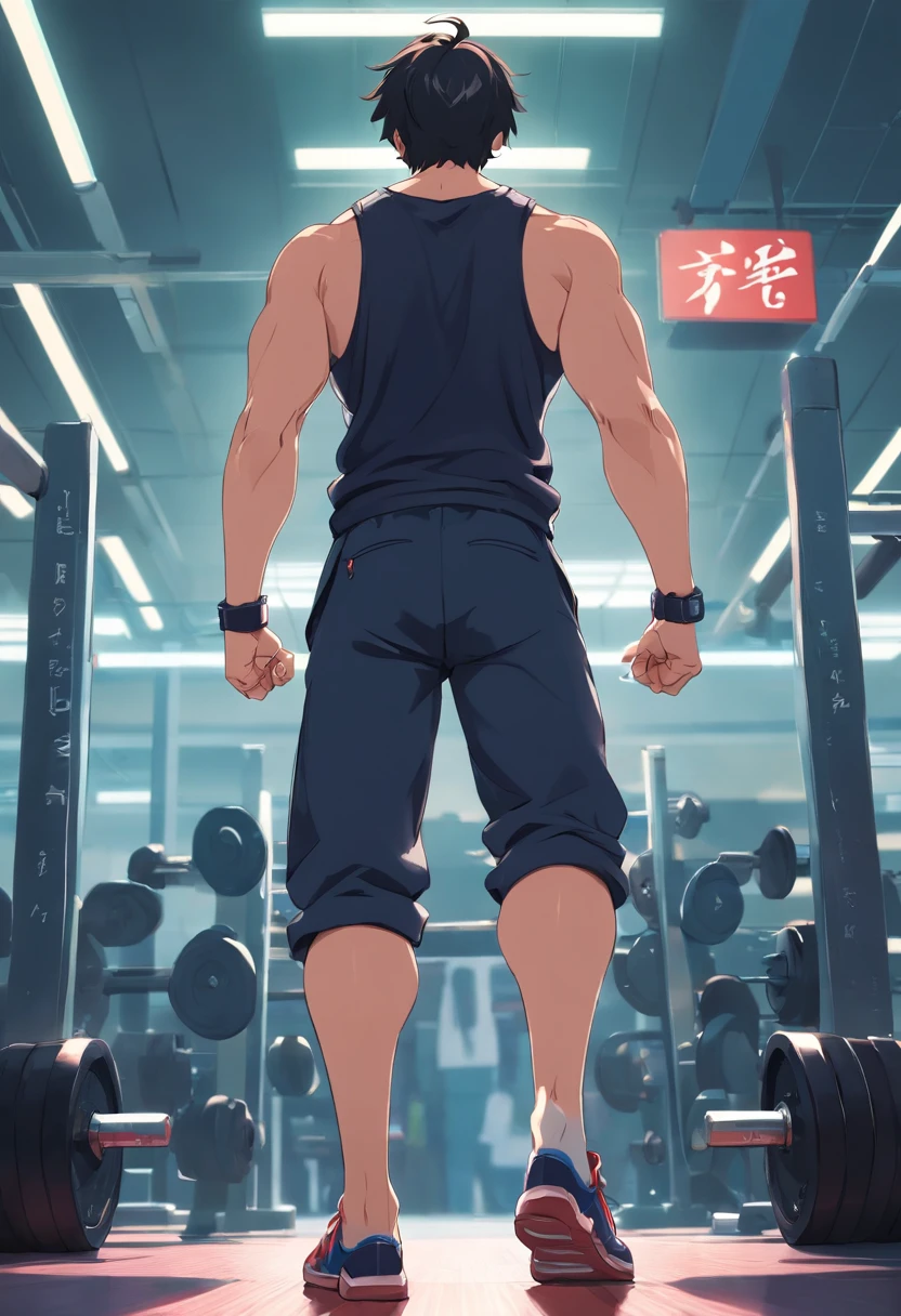 ((((Yuijiro Hanma))), Masculino, cabelos vermelhos, black pant, demon back, costas extremamente musculosas e definidas, foco em suas costas, in a bodybuilding gym, anime, Baba,