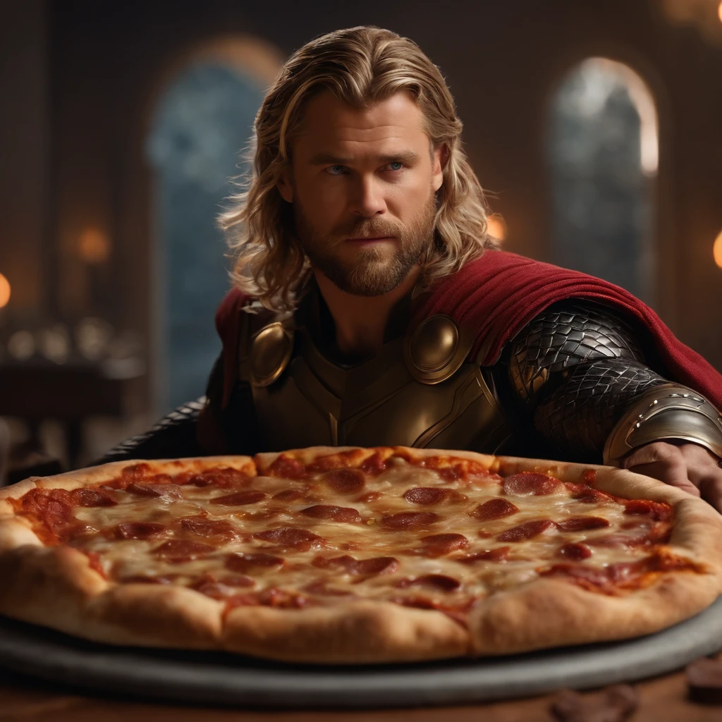 Muy gordo Thor come pizza grande, Detalles altos, ultra foto realsisim, realista, 8k