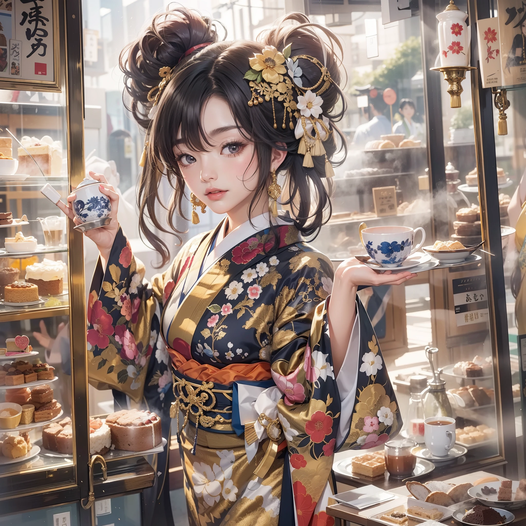 Detailed background(tea shop(The cityscape of Kyoto seen outside the window))、BREAK,Put it in your mouth(a cake),BREAK,elaborate costume{Luxury kimono(Colorful kimono(Detailed golden embroidery,))}、(Japanese Idol(actress):1.2)(face perfect:1.2),Depicting a beautiful and classy adult woman。glossy dark hair(poneyTail),Heart in the eye。 Wallpapers 16K, .Blur the background with a sickle,((masutepiece)), ((Best Quality)),{{a portrait photo of}},full body Esbian、Faraway view