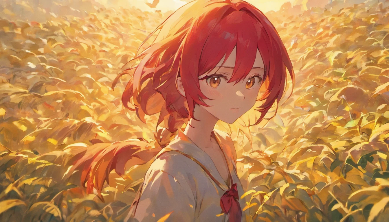 Roosters, Red feather gentle chicken, Several roosters sang the morning song,((red roosters)), Sunlight shines through the clouds on the earth,Little birds sing happily in the trees, early morning field ::n_ human, human face