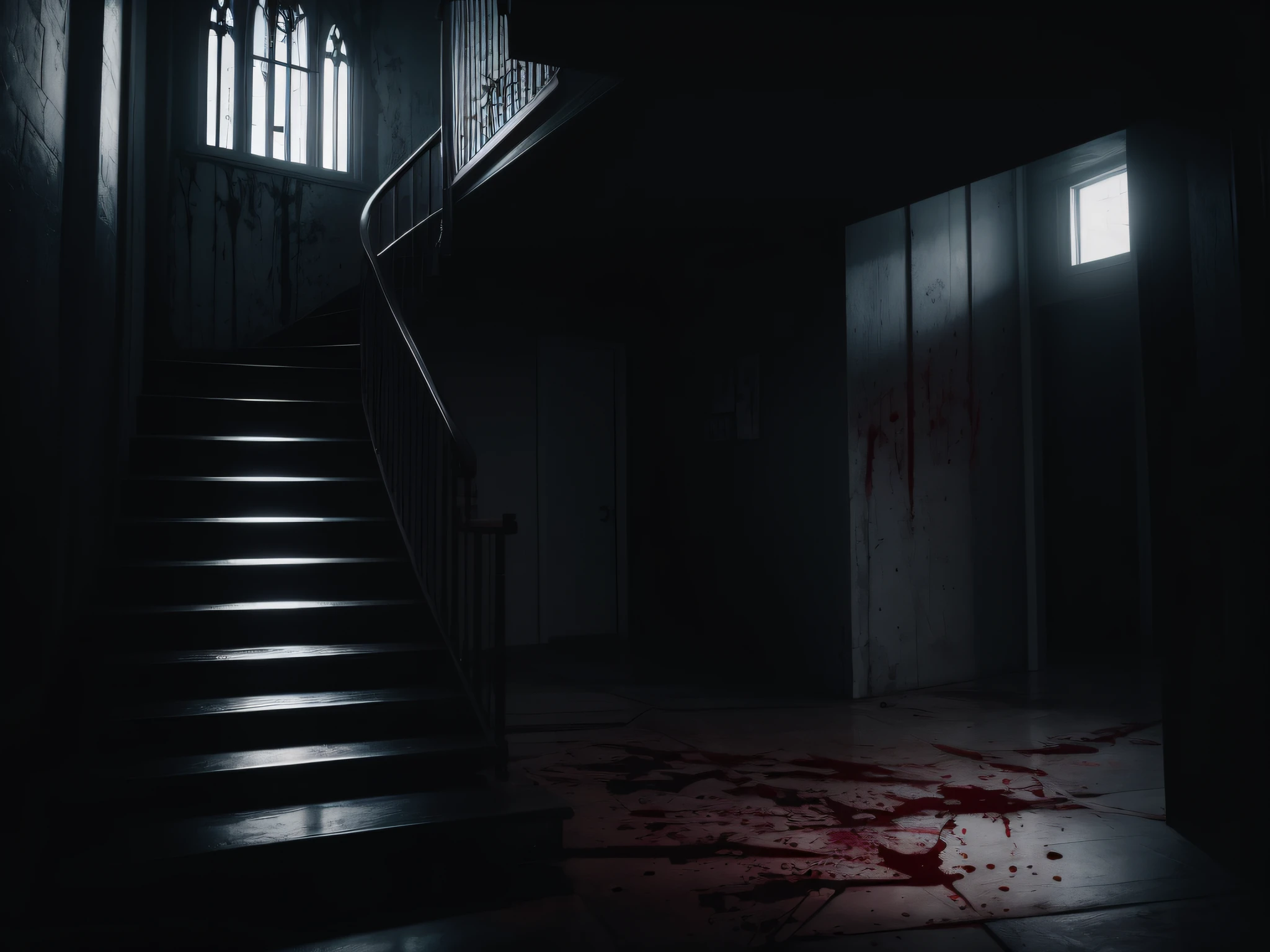 photorealistic, double exposure effect, stairs inside a modern house, stairs covered with blood, hauntingly beautiful, detailed, high contrast, HDR