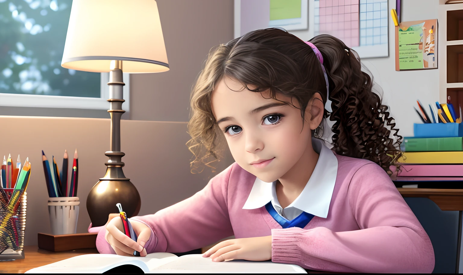 (best quality,4k,8k,highres,masterpiece:1.2),ultra-detailed,(realistic,photorealistic,photo-realistic:1.37),A young girl, about , smiling and  sits at her desk in her bedroom. She is wearing a school uniform and has her hair tied back in a ponytail. She is focused on her homework, which is spread out in front of her. There is a poster of her favorite band on the wall behind her, nowindow in room, some books and a lamp is on table in front of her, lamp is glowing softly, She is using a pencil to write in a notebook. The room is well-lit by a desk lamp. There is ,beautiful detailed eyes,beautiful detailed lips, extremely detailed eyes and face,,curly hair,focused expression,concentrating,intense concentration, magical pencil,glowing magical pencil,vivid colors,colorful pencils,and,table,long shot, wide angle lens