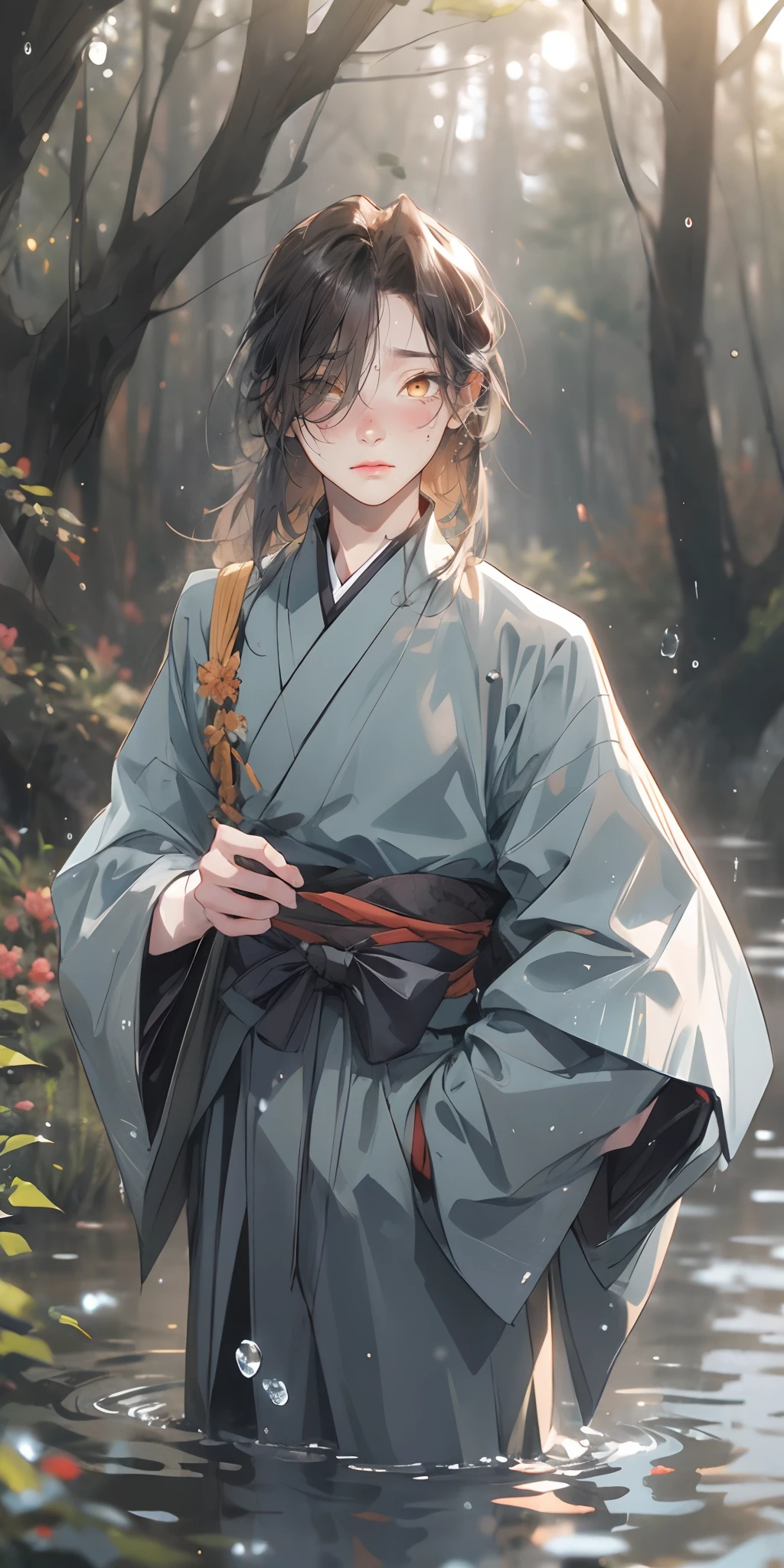 long hair, japanese_clothes, solo, nature, 1boy, bangs, outdoors, standing, forest, looking_at_viewer, water, blurry, male_focus, tree, wide_sleeves, hakama, blurry_foreground, water_drop, kimono, rock, long_sleeves, depth_of_field, black_hair,
