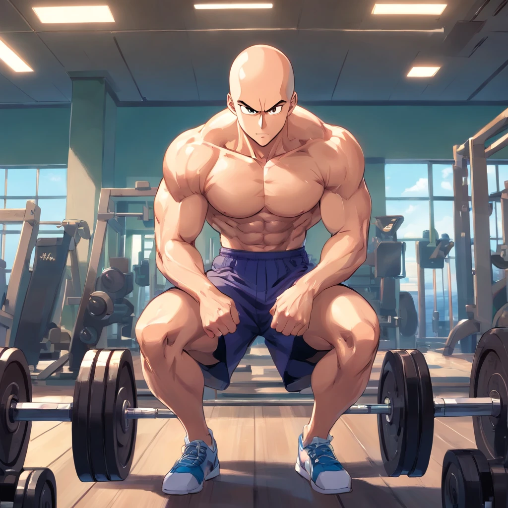 Saitama ((careca)), Um homem de soco, masculino, Working out intensely in a bodybuilding gym, Well-defined and detailed muscles,