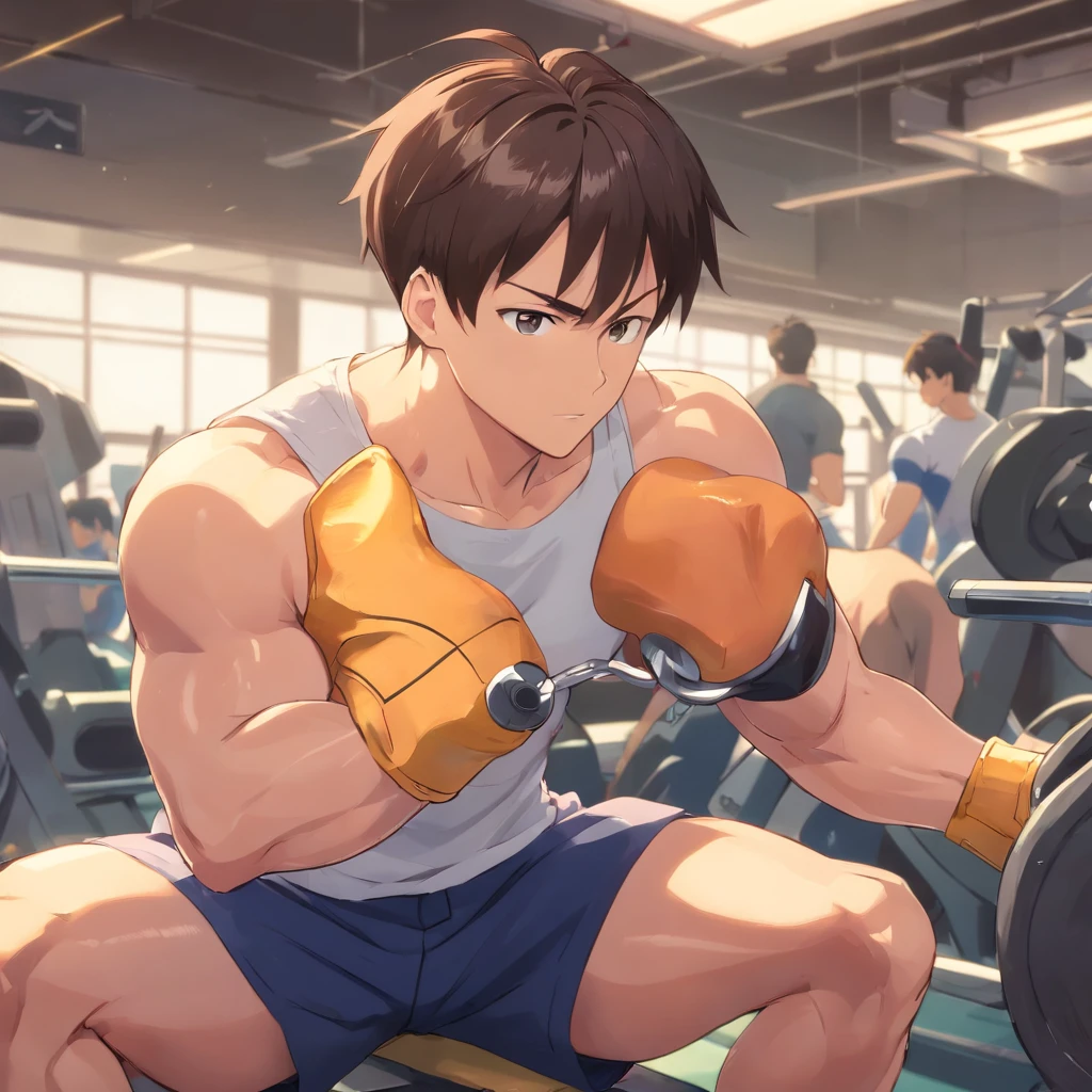 Saitama ((careca)), Um homem de soco, masculino, Working out intensely in a bodybuilding gym, Well-defined and detailed muscles,