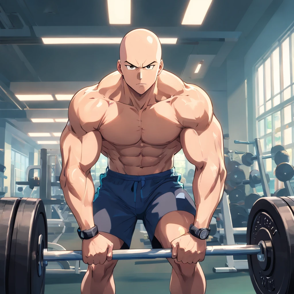 Saitama ((careca)), Um homem de soco, masculino, Working out intensely in a bodybuilding gym, Well-defined and detailed muscles,
