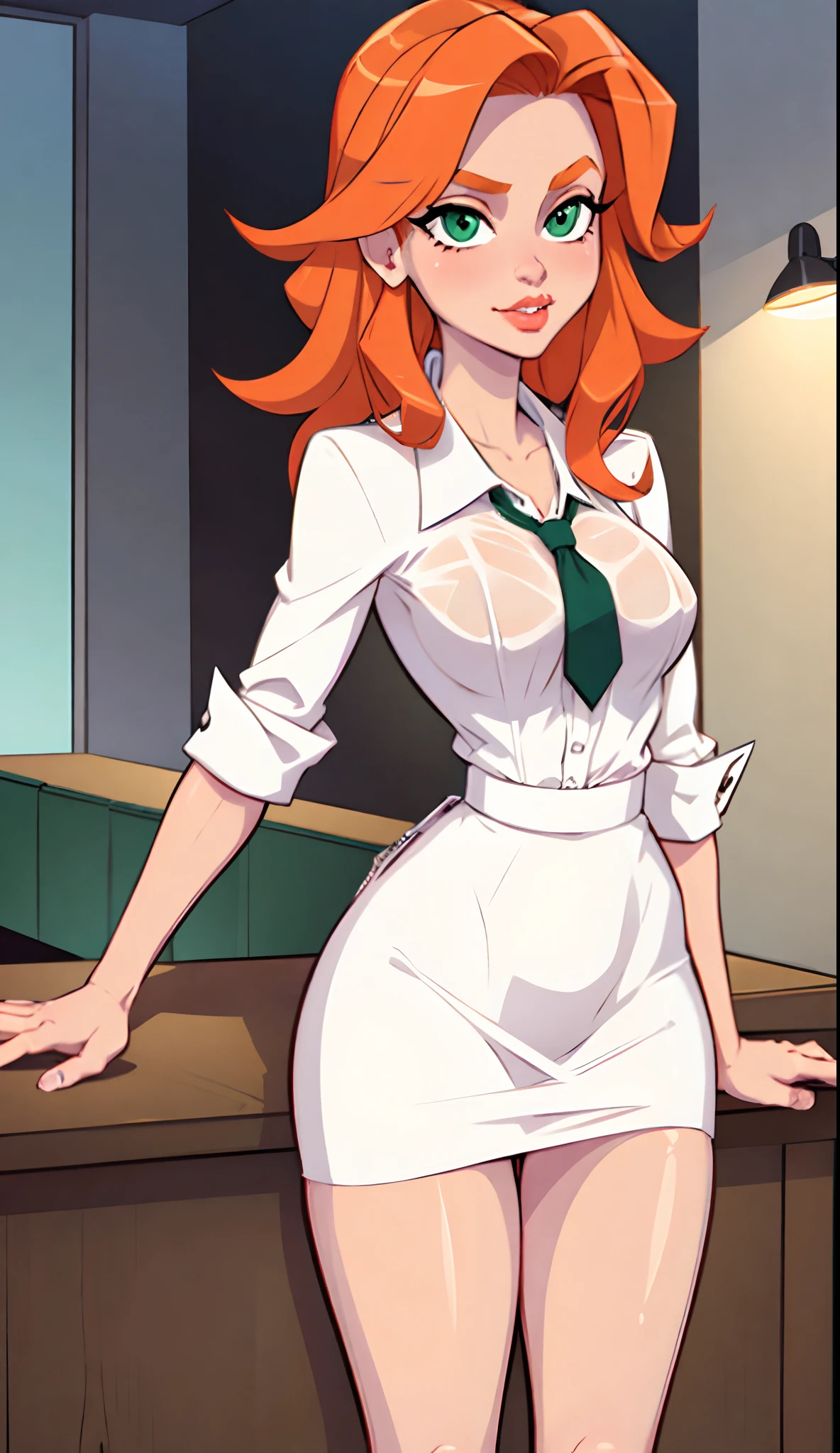 1girl, Best quality, masterpiece, cowboy shot, orange hair, green eyes, tight cloth, office clothes, office, under table, white clothes, wet