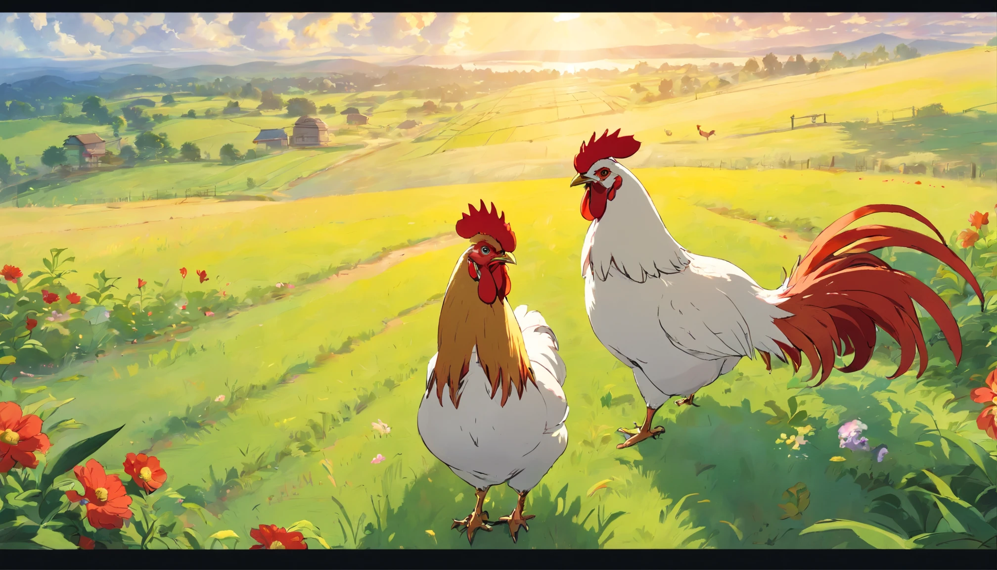 (Roosters), Red feather gentle chicken, Several roosters，((red roosters)), Sunlight shines through the clouds on the earth, early morning field ::n_ human, human face, woman, men
