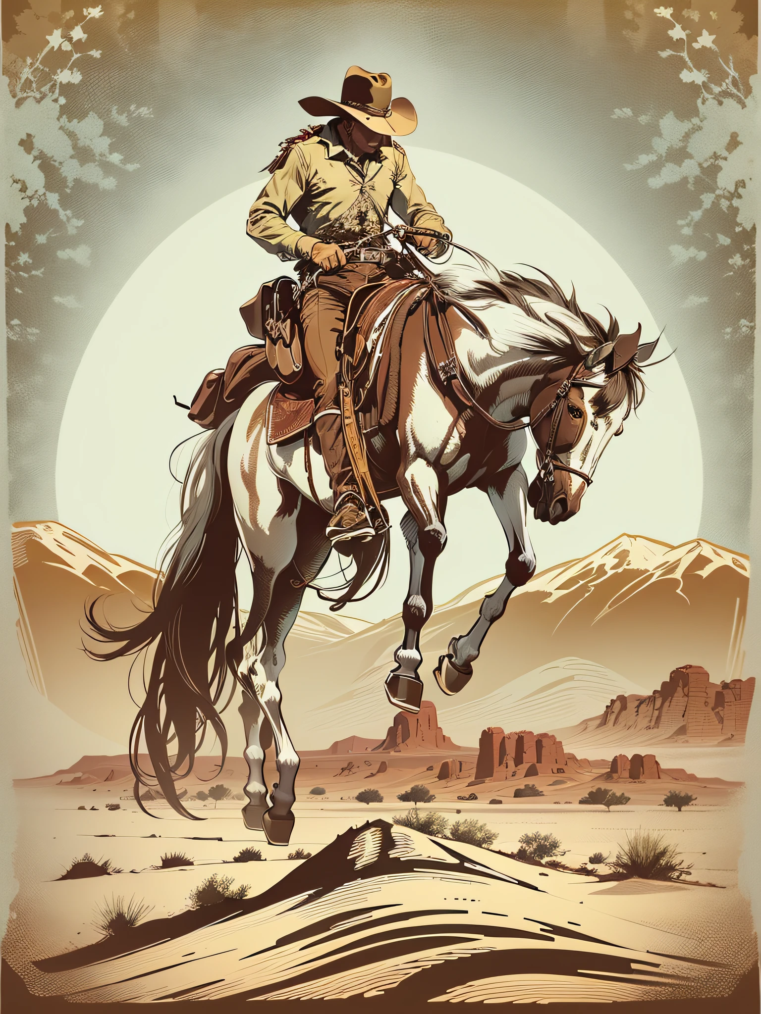 High quality design vector style image, t-shirt print style, graphic art of cowboy on top of a horse white background realistic colors, american old west scene in desert texas, vector image.