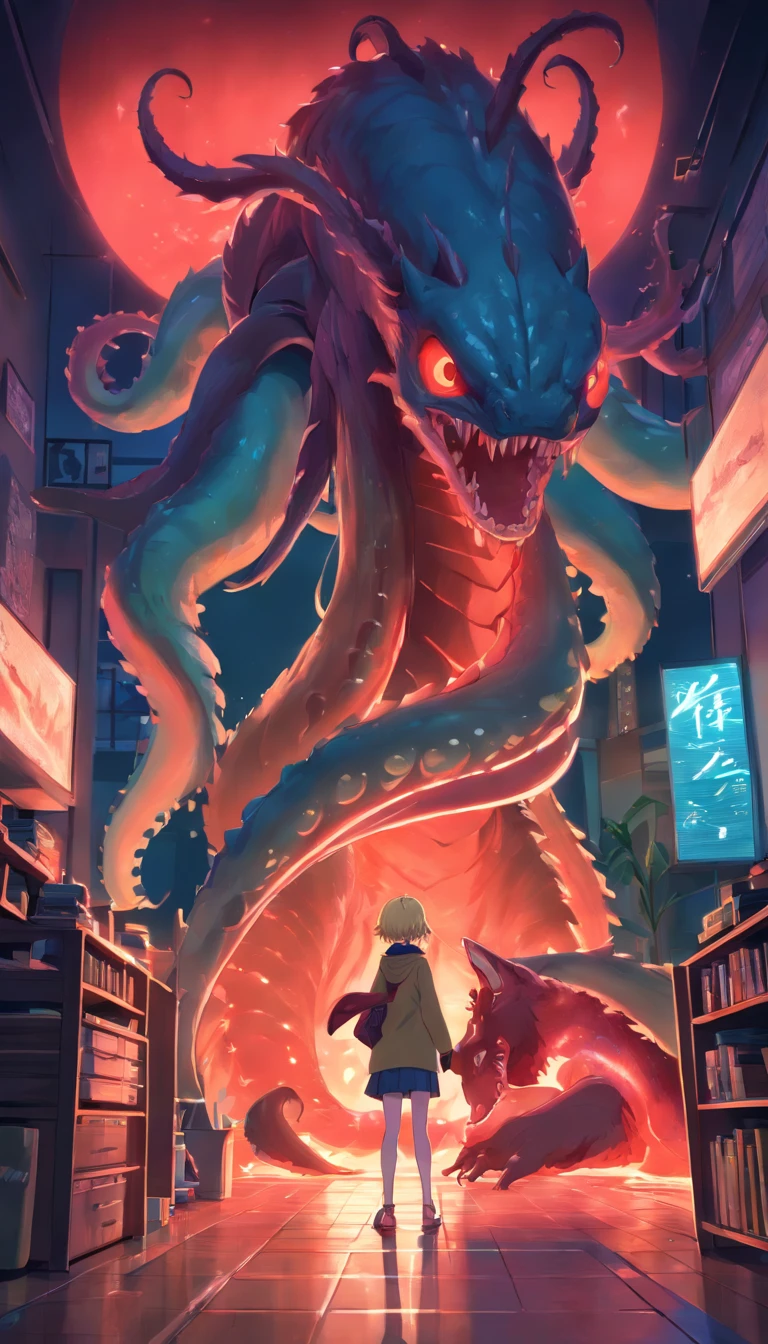 ((beste-Qualit)), ((Master Part)), A large demonic monster with slimy tentacles, sticking out of the back, supported by its long arms, Short legs, Dog paws, big hands, grey skin, deep blue eyes, Thin, pale blonde hair, pointed ears, Handsome humanoid scary guy with long lower fangs, summoned alone at night to a modern and creepy living room, illuminated by a chilling red light