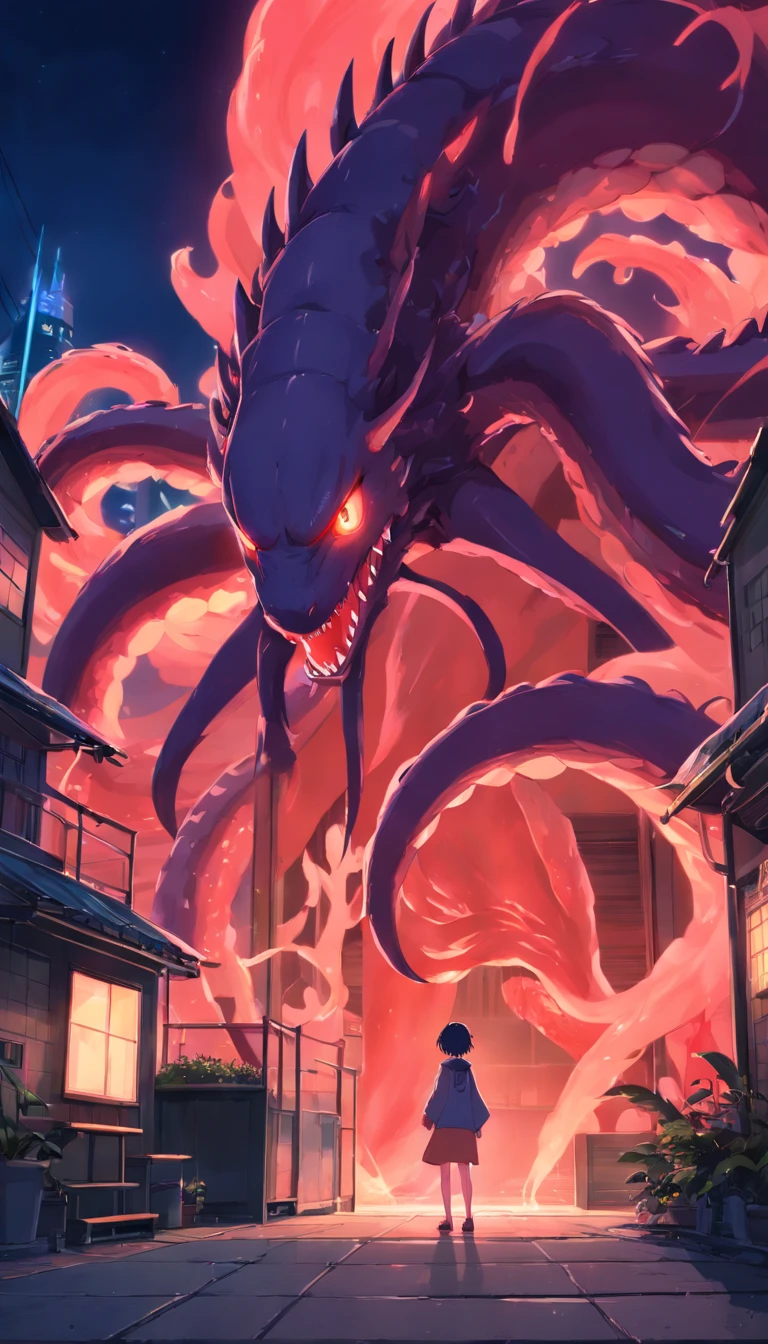 ((beste-Qualit)), ((Master Part)), A large demonic monster with slimy tentacles, sticking out of the back, supported by its long arms, Short legs, Dog paws, big hands, grey skin, deep blue eyes, Thin, pale blonde hair, pointed ears, Handsome humanoid scary guy with long lower fangs, summoned alone at night to a modern and creepy living room, illuminated by a chilling red light