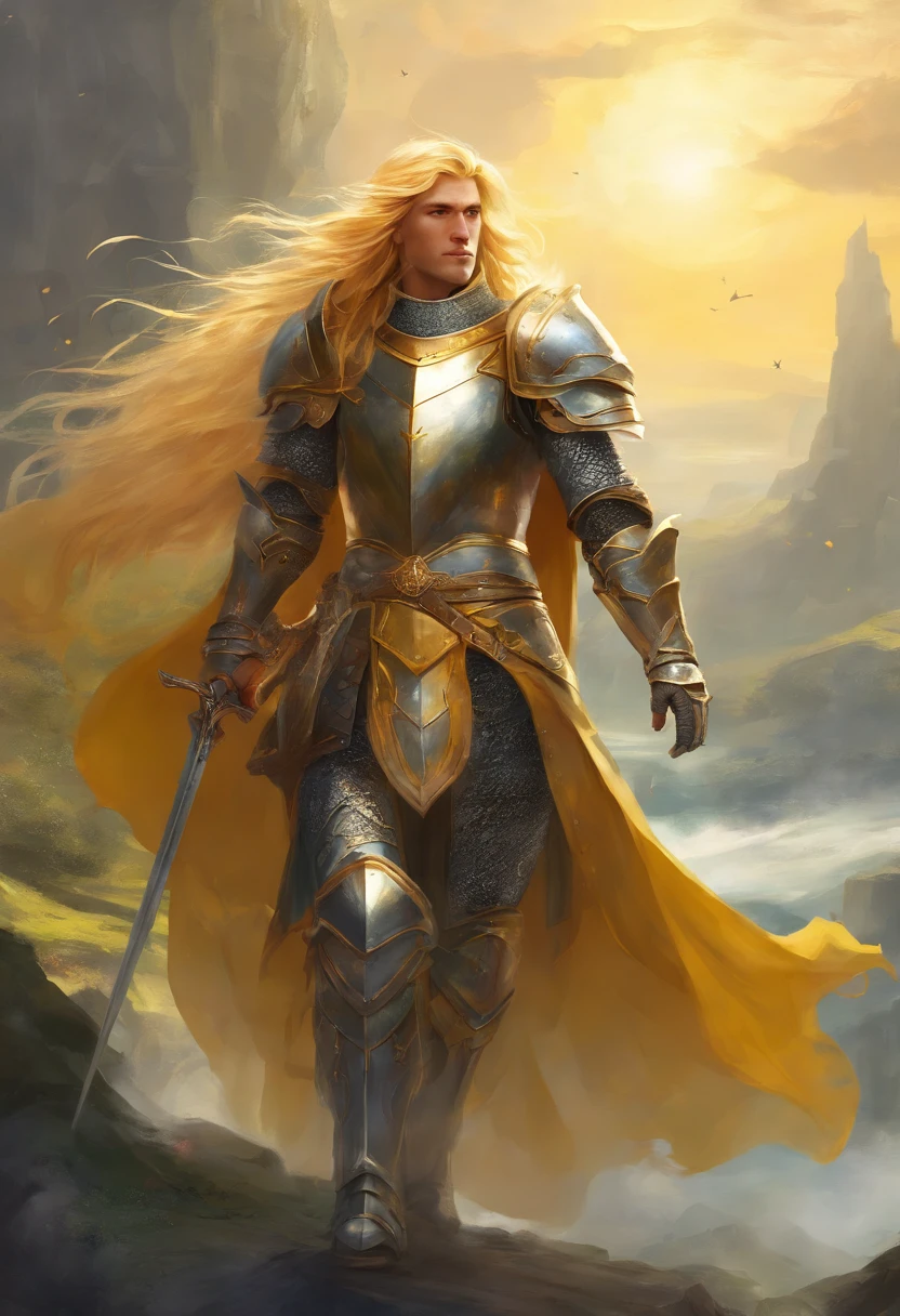 A medieval knight with long yellow hair wearing armor